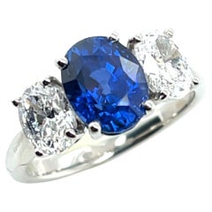 GIA Certified 3.20 Ct. Unheated Blue Sapphire and Diamond Platinum 3-Stone Ring 