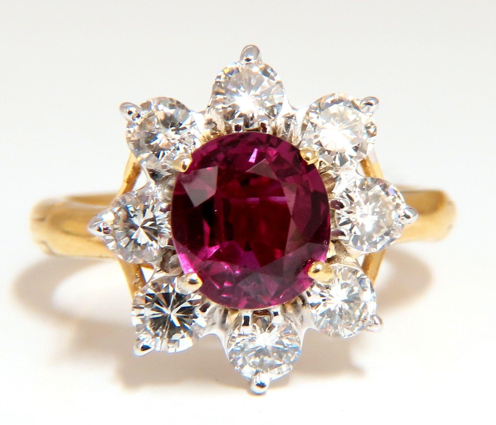 Oval Cut GIA Certified 3.20 Carat No Heat Natural Ruby Diamonds Ring 14 Karat For Sale
