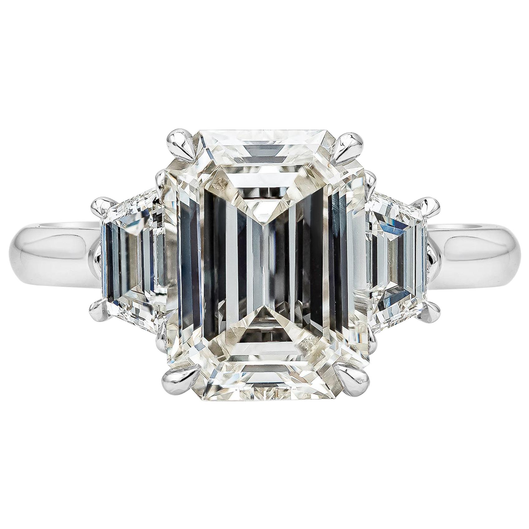 GIA Certified 3.21 Carat Emerald Cut Diamond Three-Stone Engagement Ring
