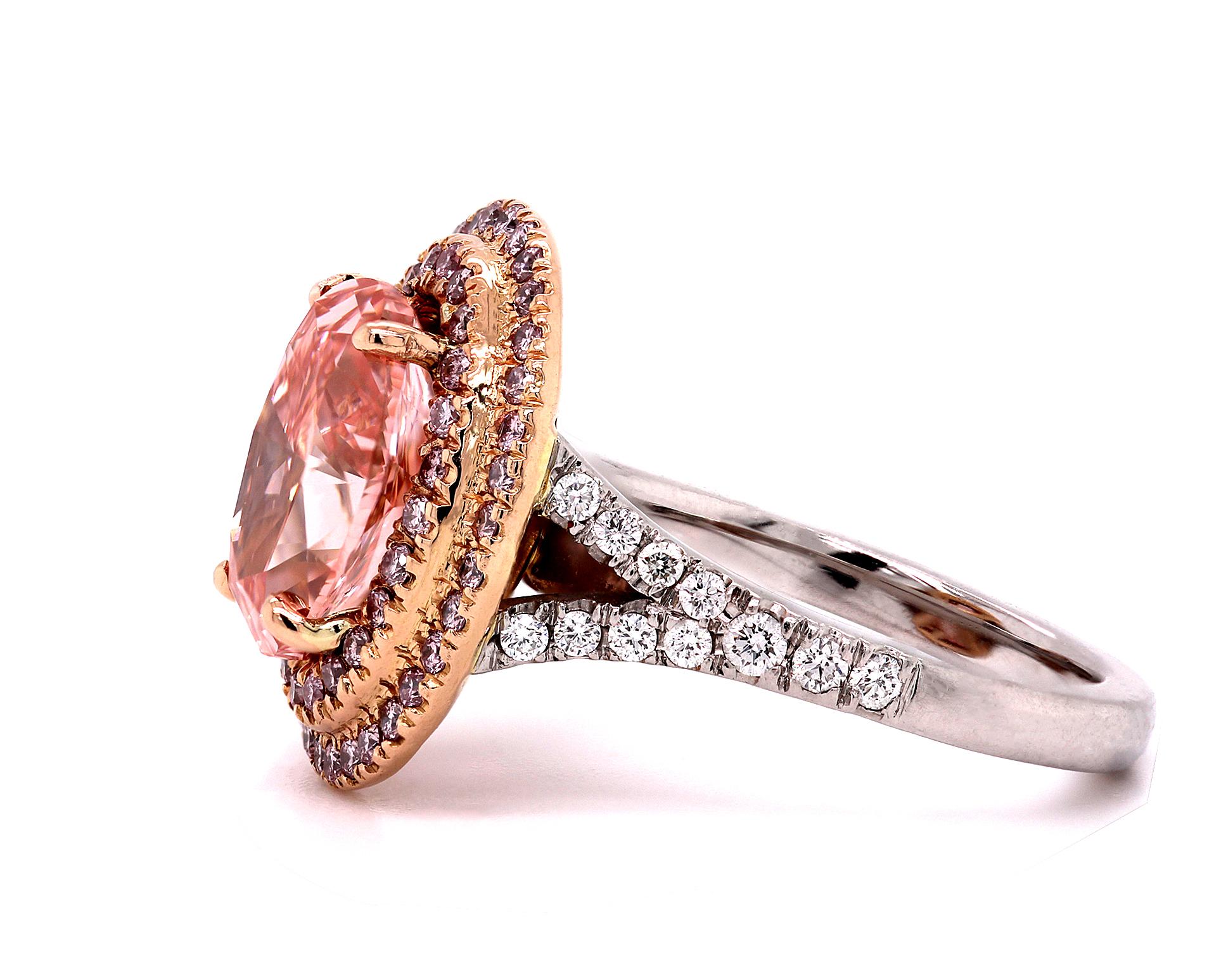 Oval Cut GIA Certified 3.21 Ct Fancy Vivid Orangey Pink Oval Diamond Ring in Platinum