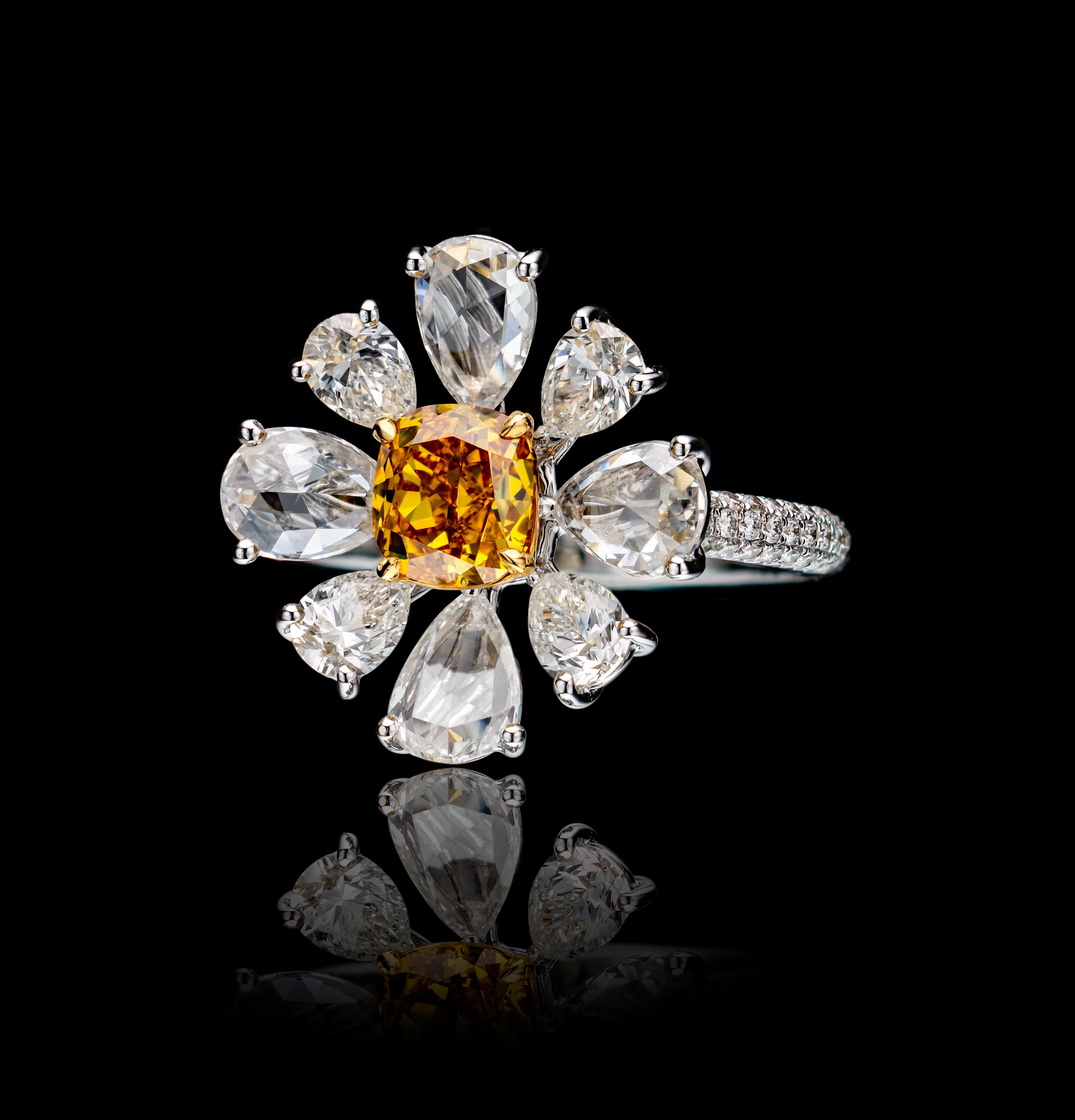 Art Deco GIA Certified 3.21 TCW Cushion Cut Fancy Vivid Orange Yellow Diamond Ring For Sale