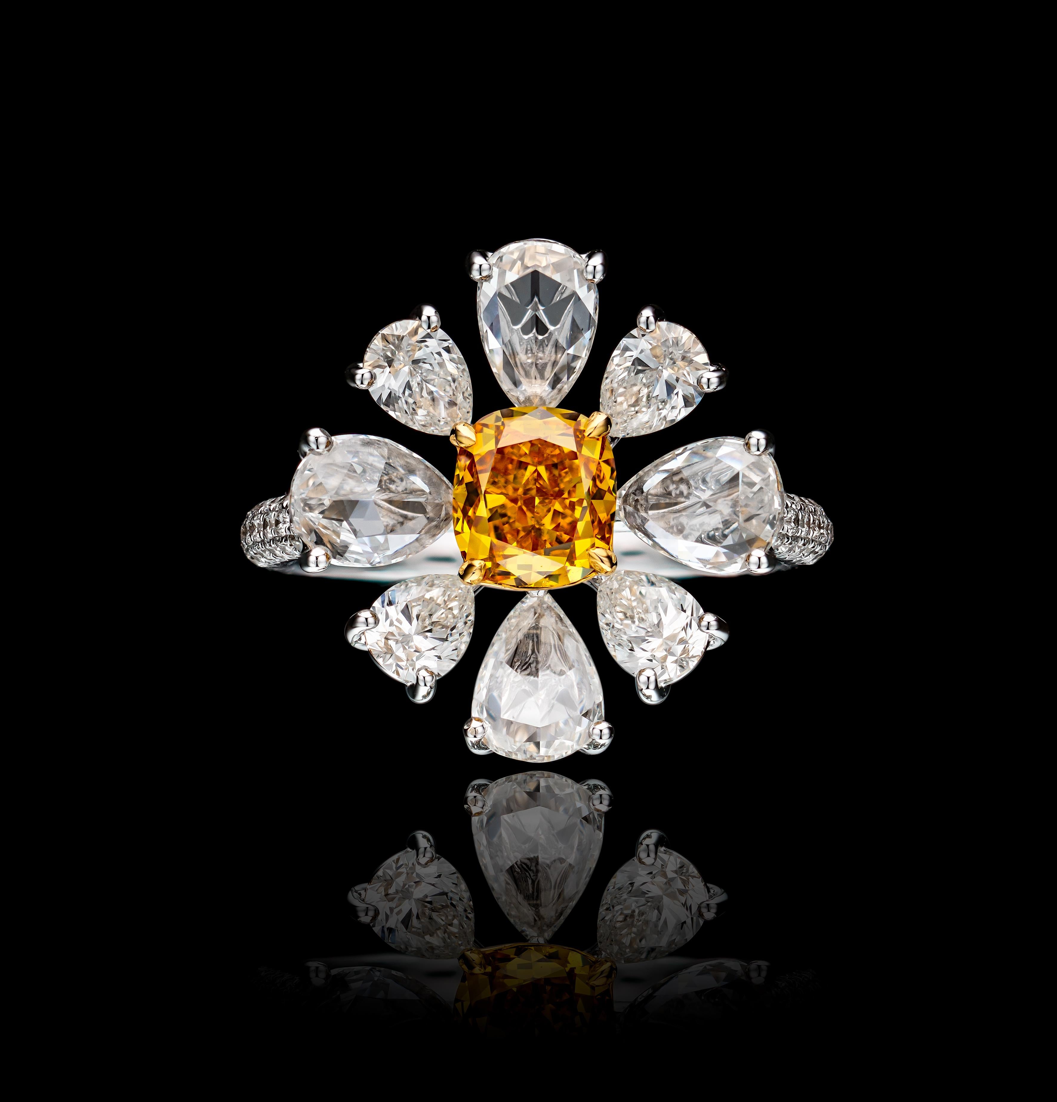 GIA Certified 3.21 TCW Cushion Cut Fancy Vivid Orange Yellow Diamond Ring In New Condition For Sale In New York, NY