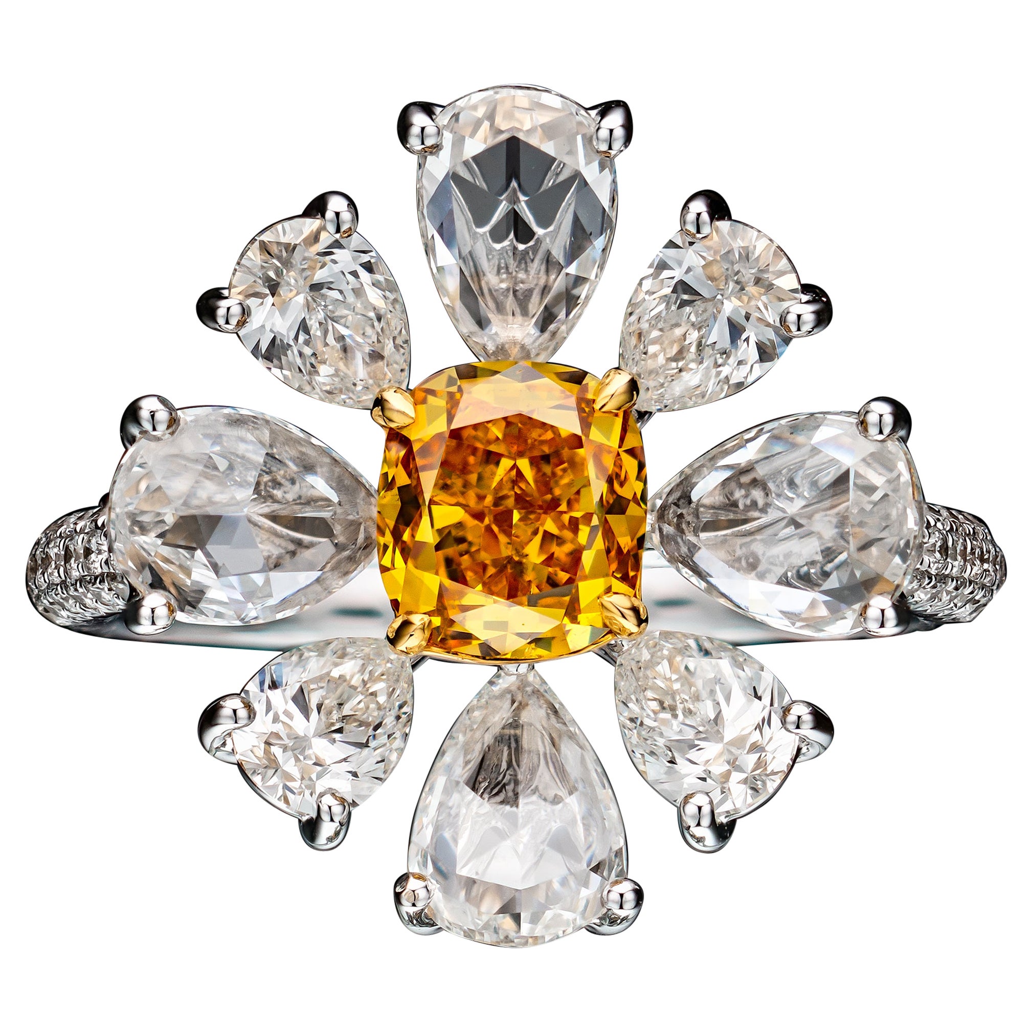 GIA Certified 3.21 TCW Cushion Cut Fancy Vivid Orange Yellow Diamond Ring in vendita