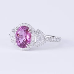 GIA Certified 3.23 Carat Purple-Pink Natural Sapphire Three-Stone Diamond Ring