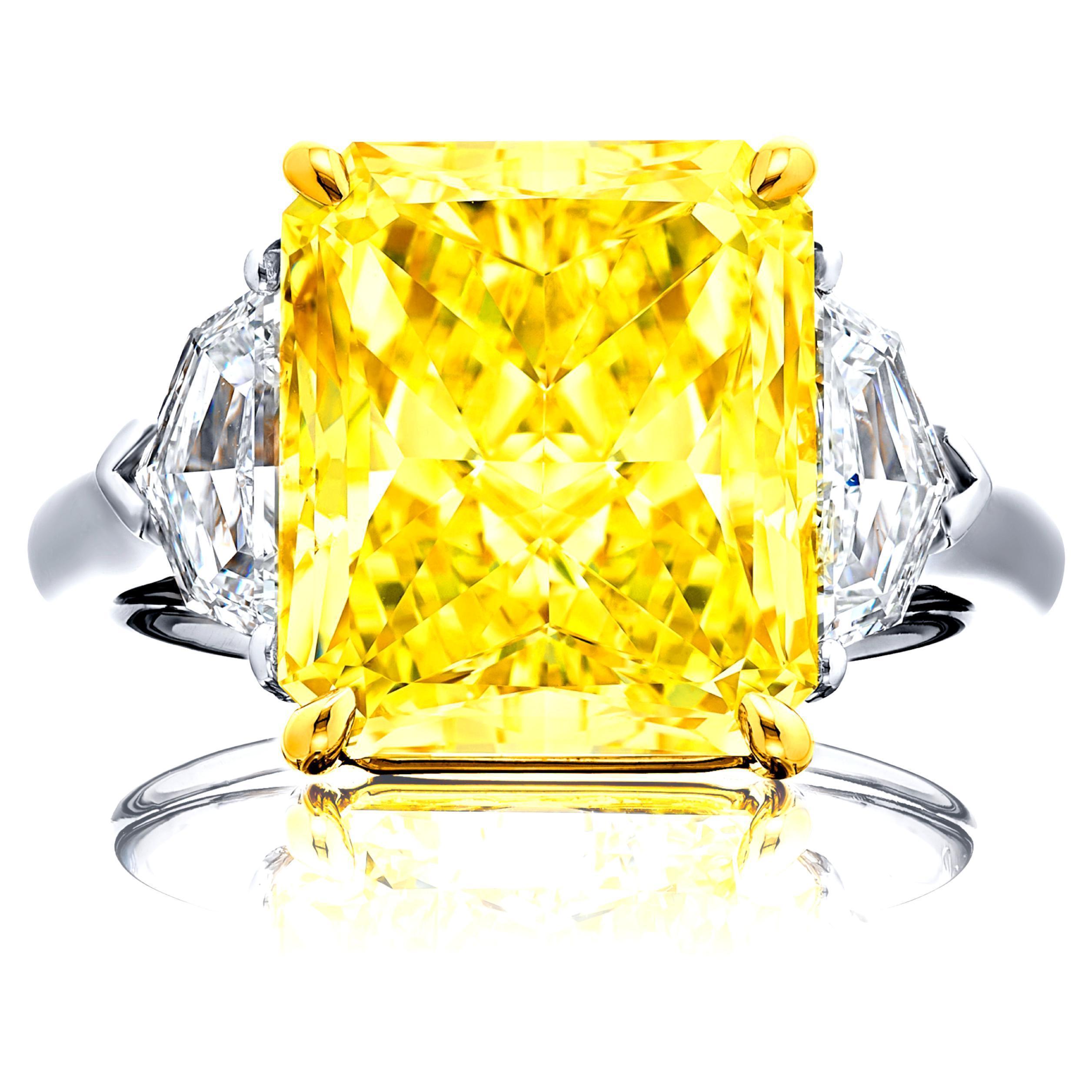 GIA Certified 3.02 Carat Fancy Intense Yellow Radiant Cut Diamond Ring