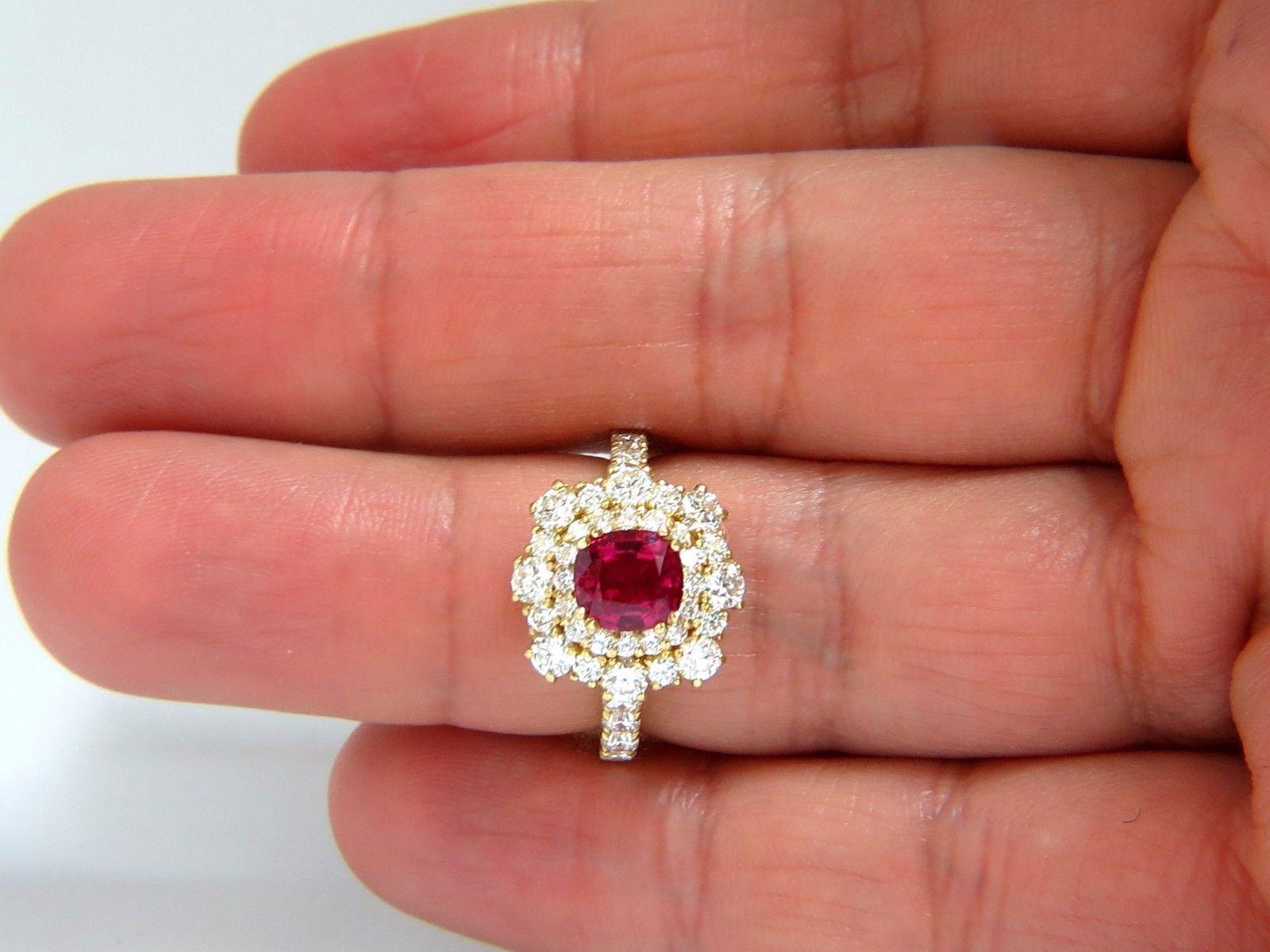 GIA Certified 1.64Ct Natural Ruby Ring

Report:  2175031516

Cushion cut

Clean Clarity & Transparent

6.52 X 6.05 X 4.16mm

GIA: Red & Prime Origin

See report in photo



1.60ct. side round cut diamonds

G-color vs-2 clarity.

18kt yellow