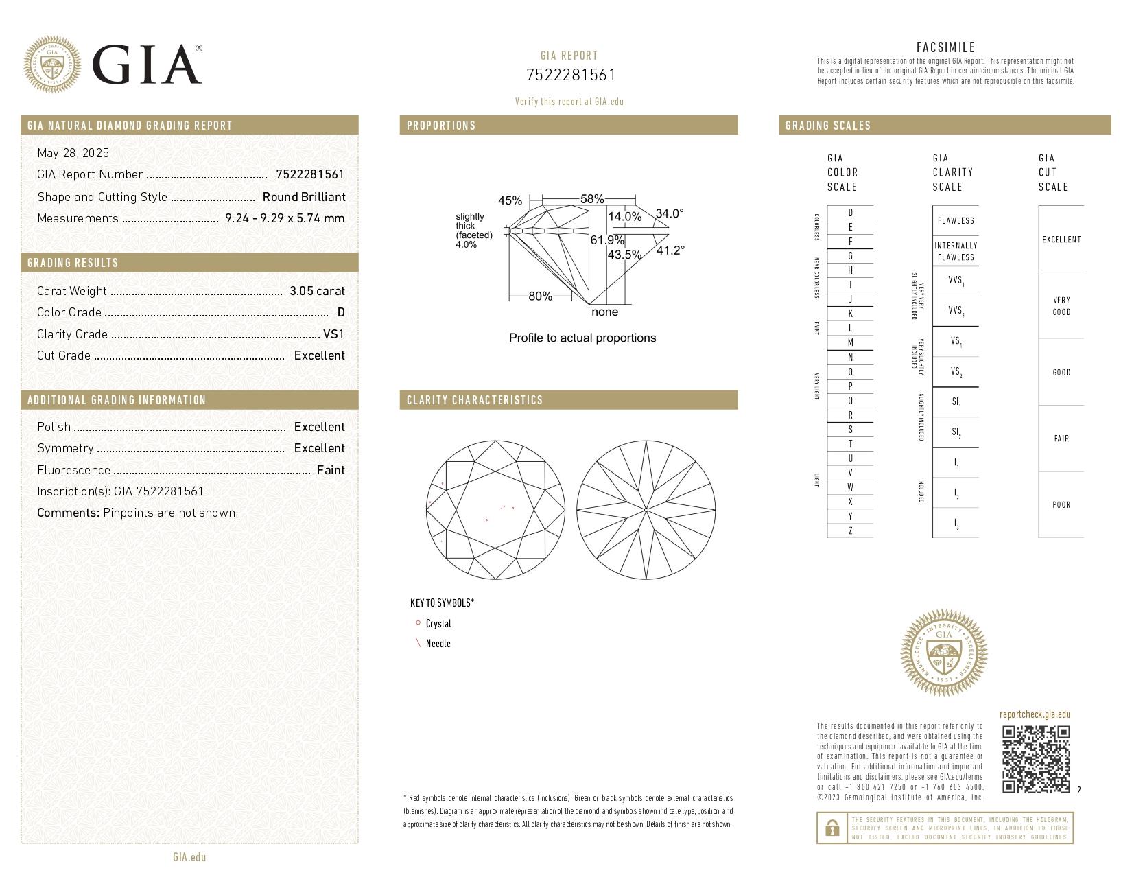 GIA Certified 3.05 Carat Round Cut D Color Diamond Ring with tapered baguette In New Condition For Sale In Chicago, IL