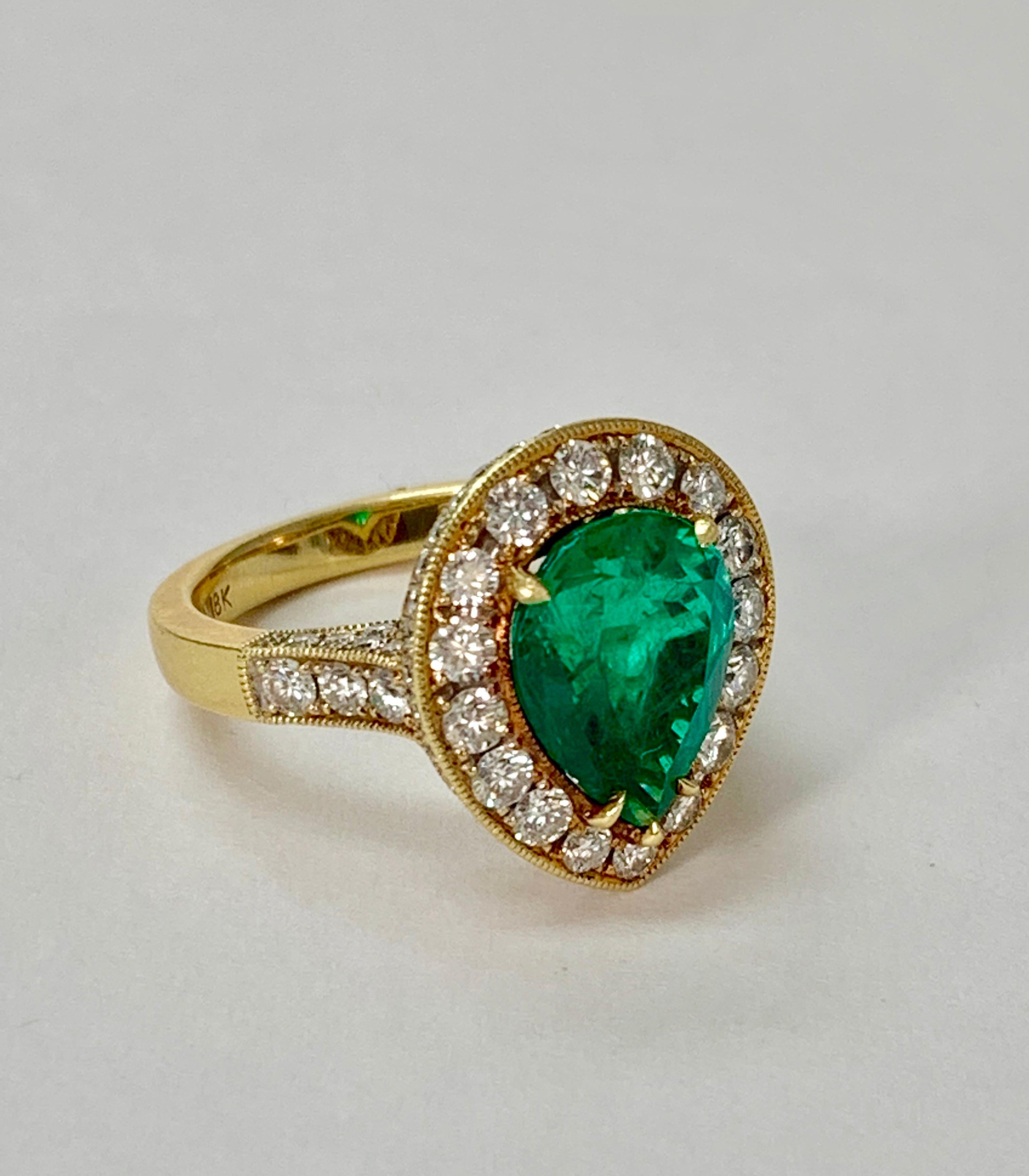 Pear Cut GIA Certified 3.25 Carat Colombian Emerald and Diamond Engagement Ring For Sale