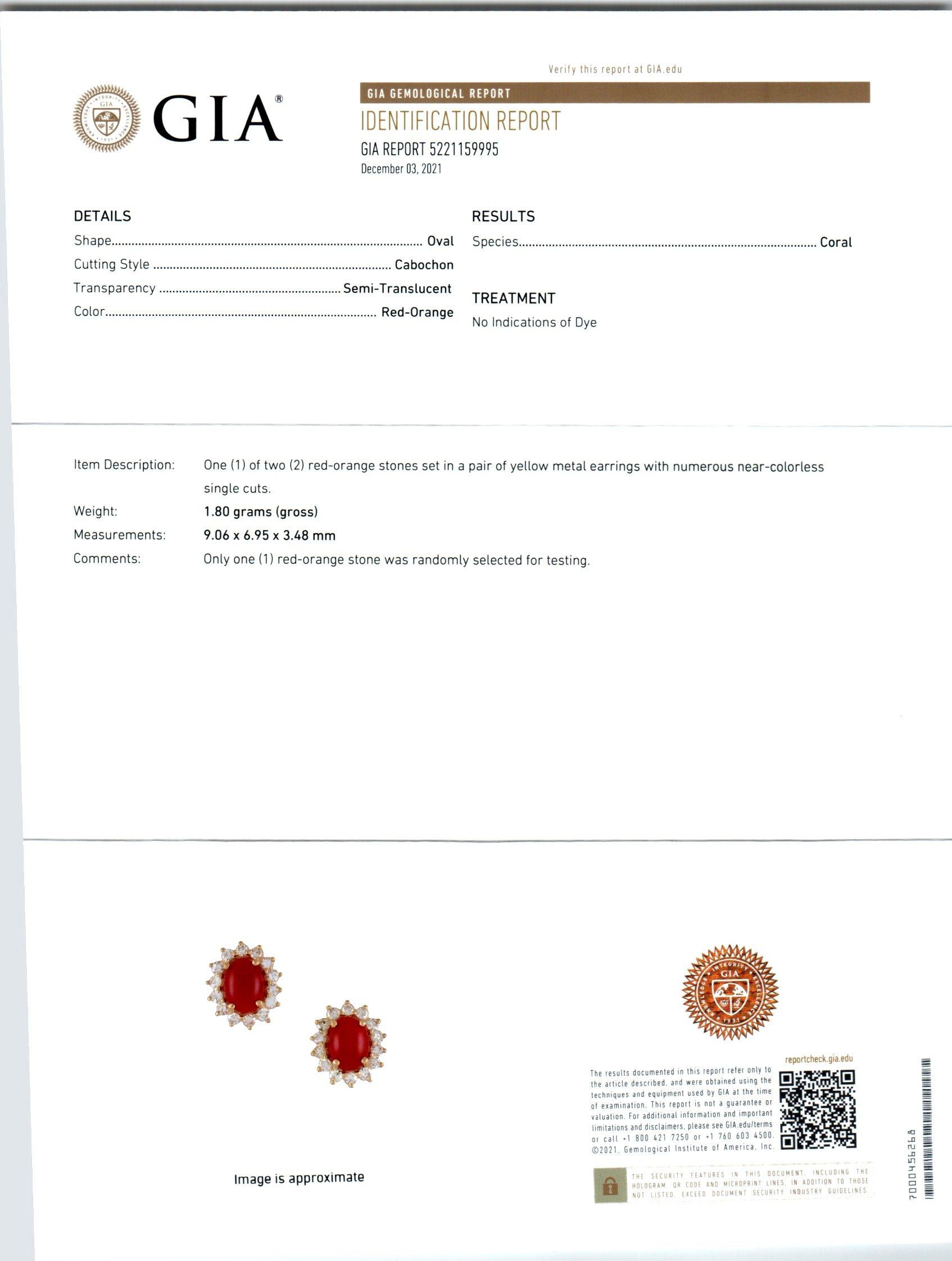 GIA-zertifizierte 3,25 Karat Koralle Diamant-Ohrringe aus Gelbgold im Zustand „Gut“ im Angebot in Stamford, CT