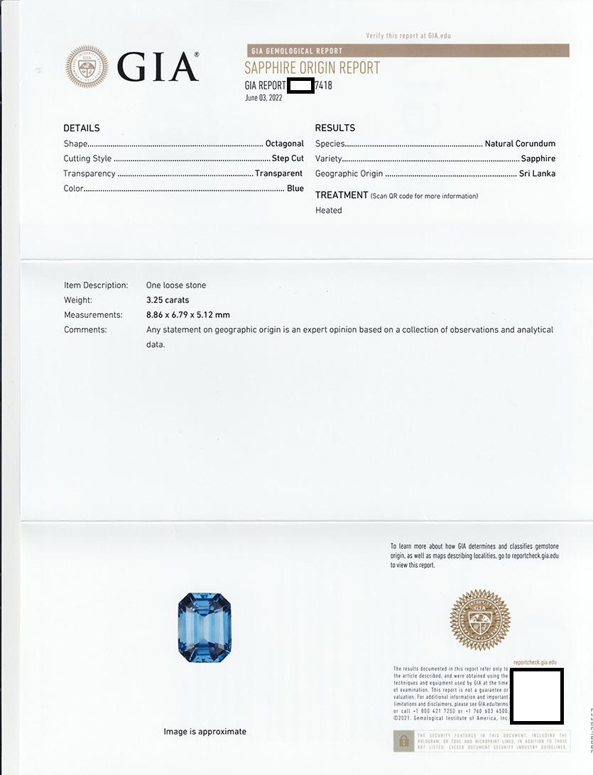Verlobungsring mit drei Steinen, GIA-zertifizierter 3,25 Karat blauer Saphir im Smaragdschliff im Angebot 2