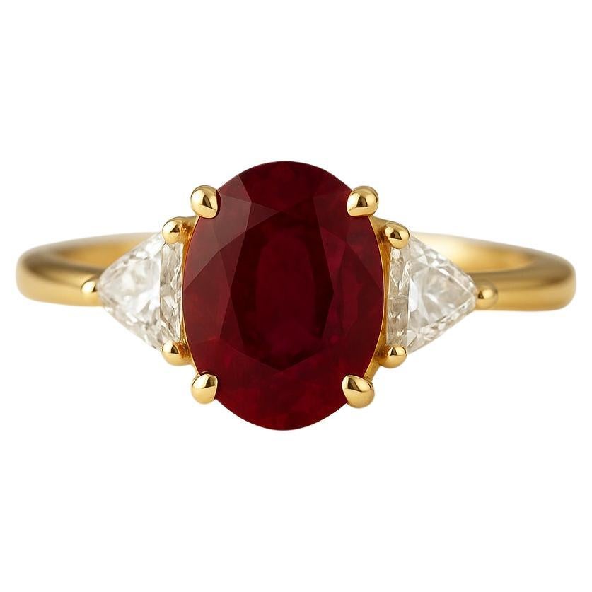 GIA Certified 3.25 Carat Oval Ruby and Diamond Three-Stone Ring in 18K Yellow Go