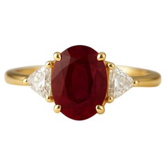 GIA Certified 3.25 Carat Oval Ruby and Diamond Three-Stone Ring in 18K Yellow Go