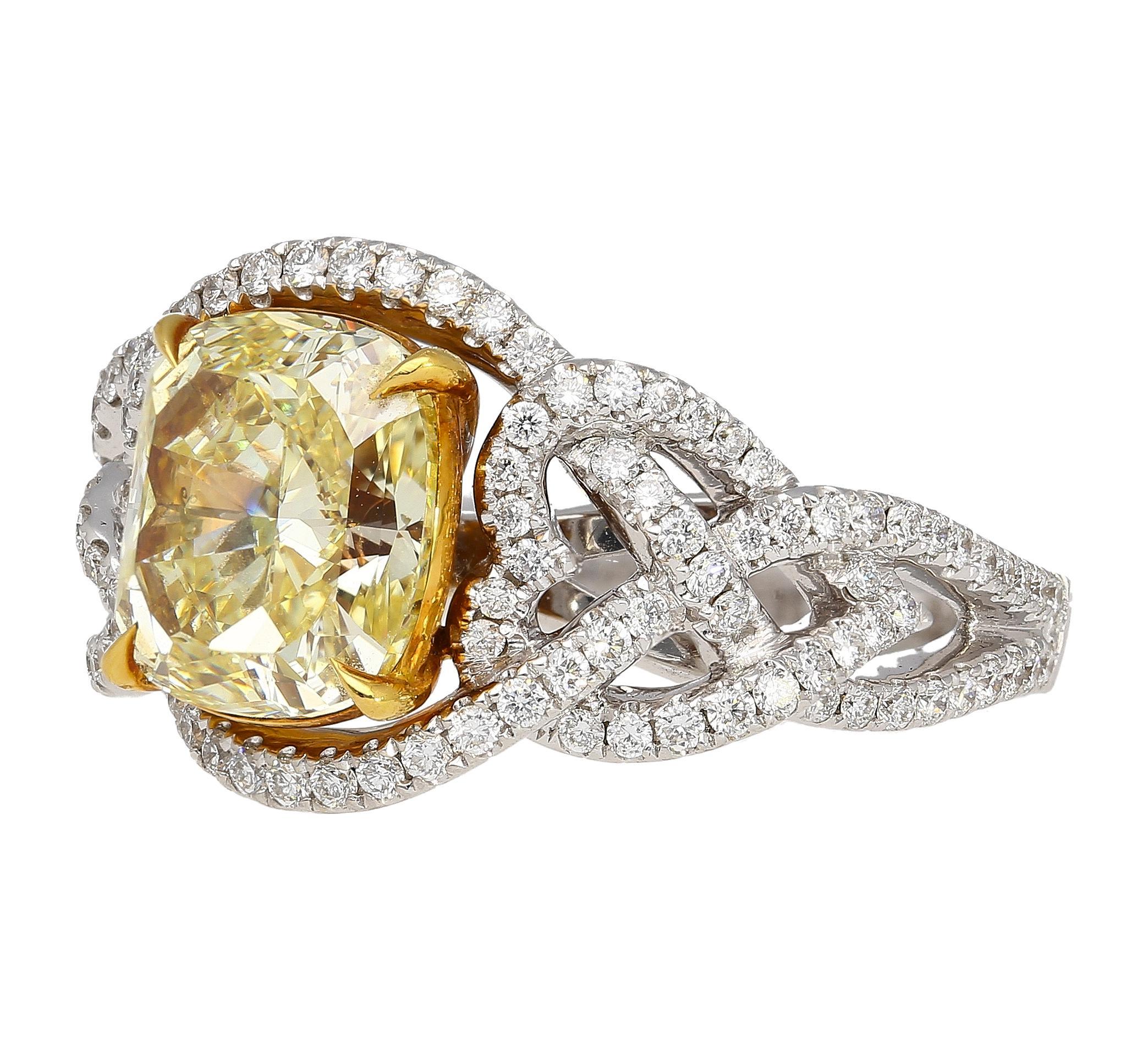 Art Nouveau GIA Certified 3.25 Carat Yellow Diamond Interlocking Heart Shank Engagement Ring For Sale