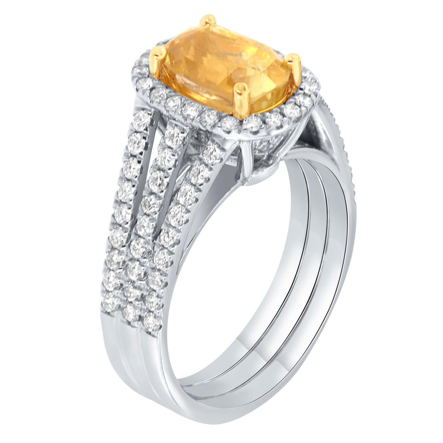 This handcrafted royalty ring in 18K White and Yellow Gold, featuring a one-of-a-kind  3.26 Carat GIA Certified Unheated Elongated Antique Cushion Natural Un-Heated Yellow Sapphire from Sri Lanka. It exhibits a vibrant yellow color similar to a