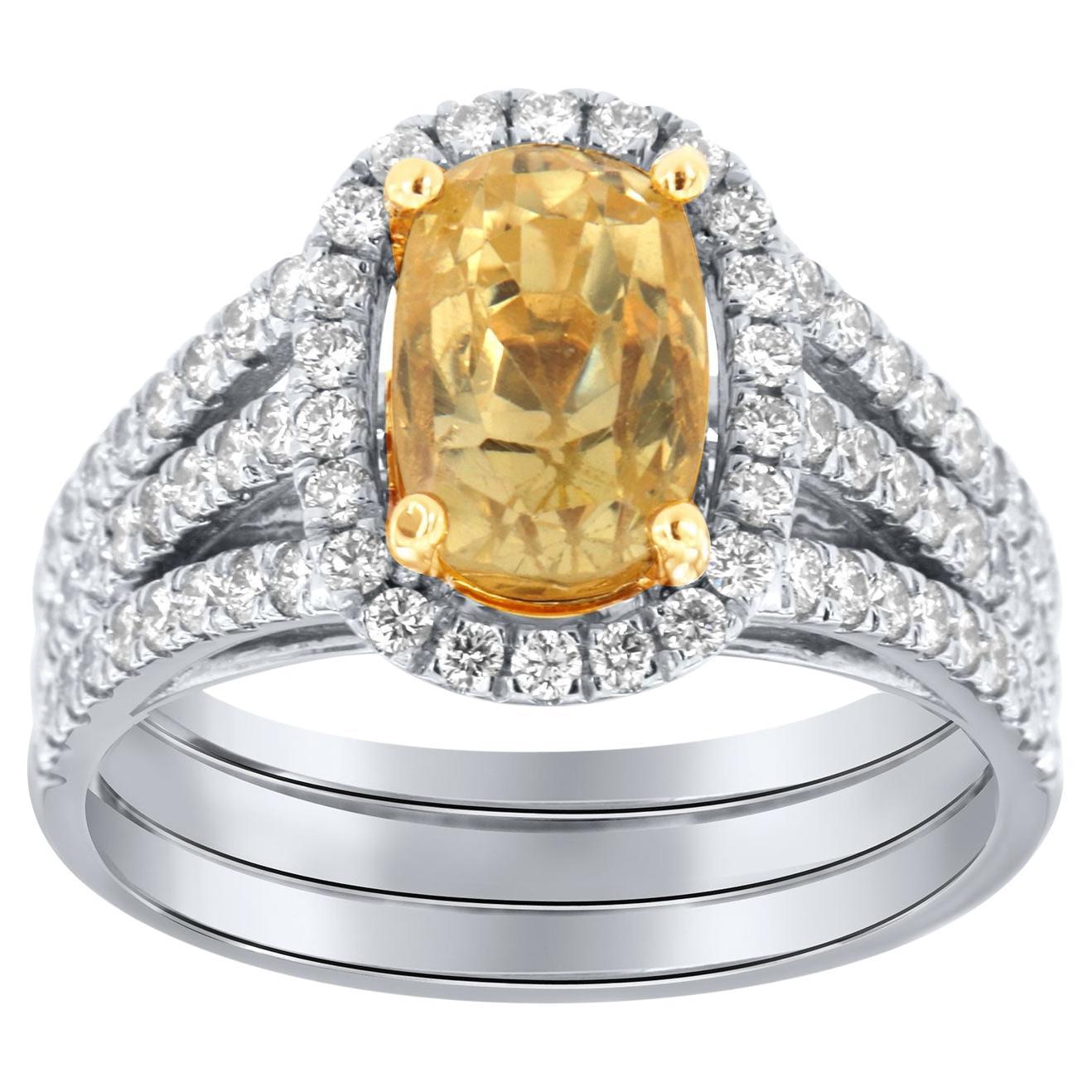 GIA Certified 3.26 Carat Antique Cushion Yellow Sapphire Halo Diamond Ring For Sale