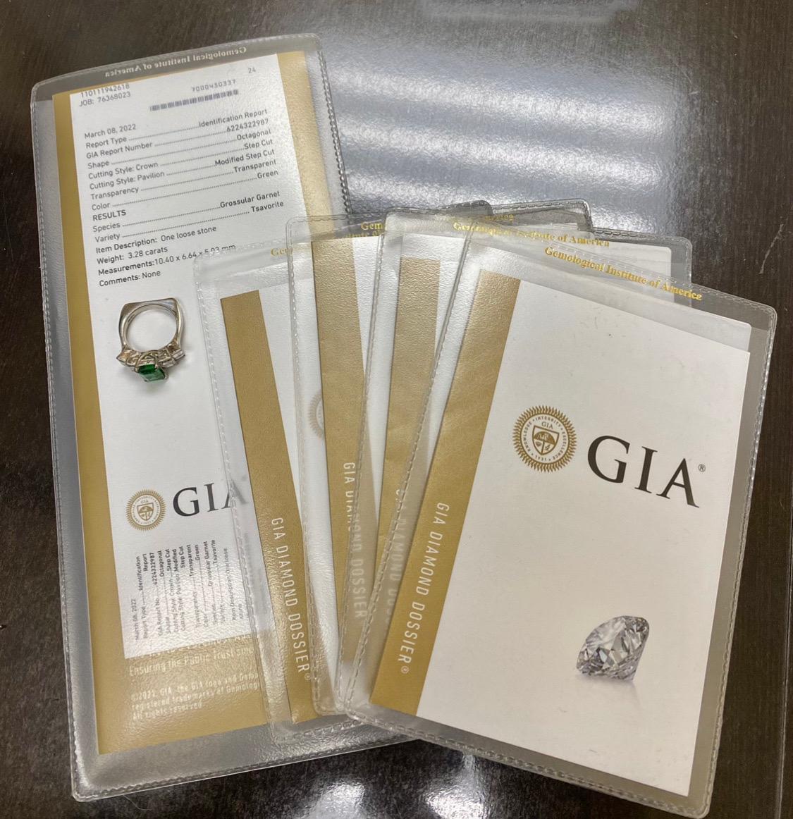 GIA Certified 3.28 Carat Elongated Radiant Cut Tsavorite Garnet Engagement Ring For Sale 4