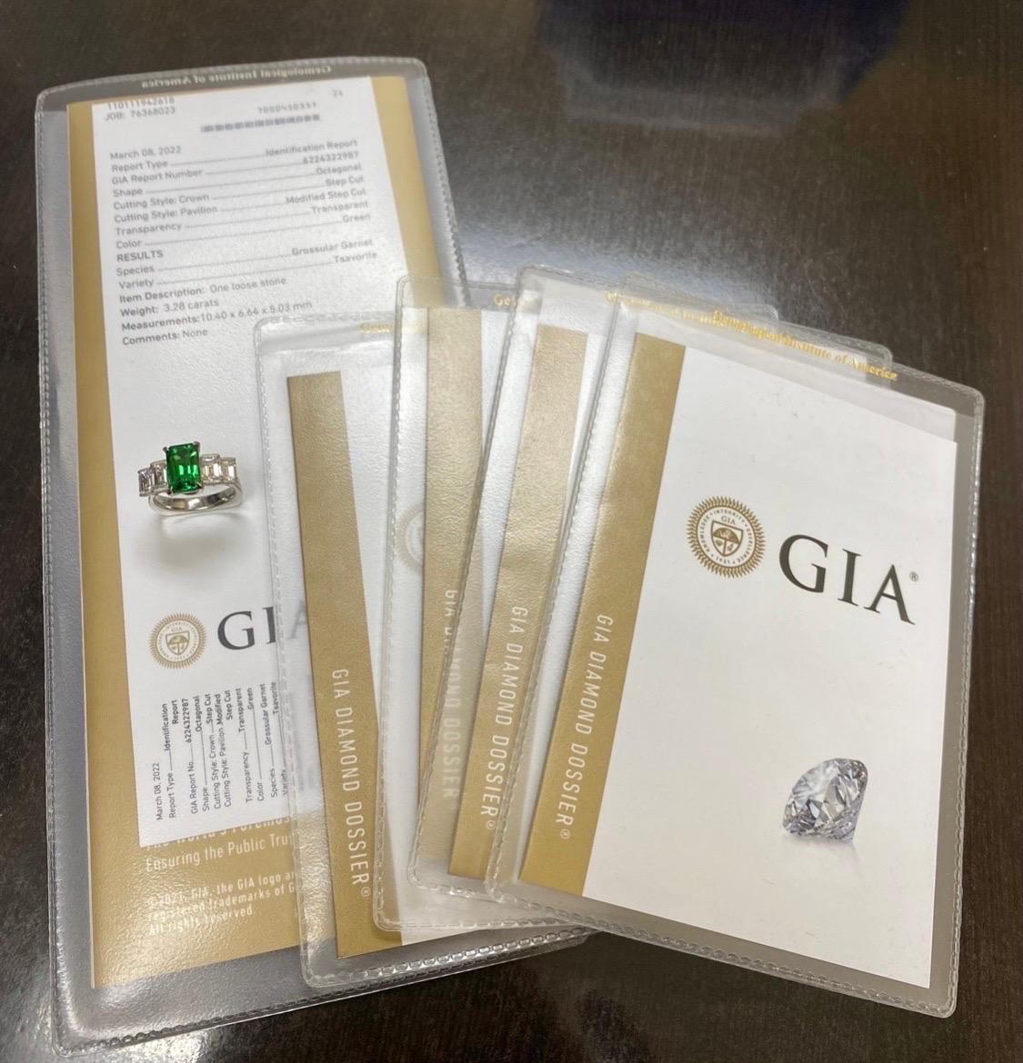 GIA Certified 3.28 Carat Elongated Radiant Cut Tsavorite Garnet Engagement Ring For Sale 6