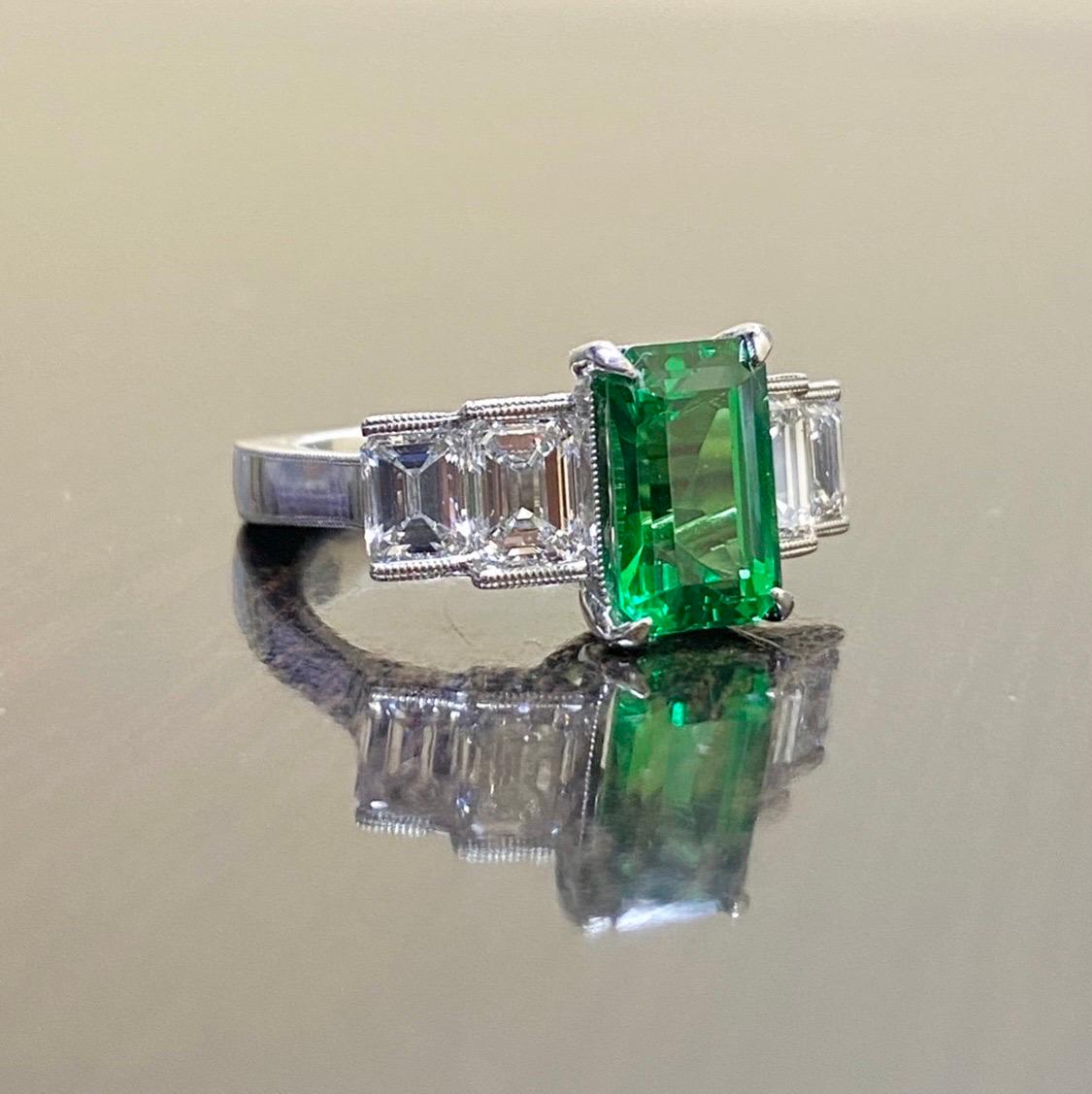 GIA Certified 3.28 Carat Elongated Radiant Cut Tsavorite Garnet Engagement Ring In New Condition For Sale In Los Angeles, CA
