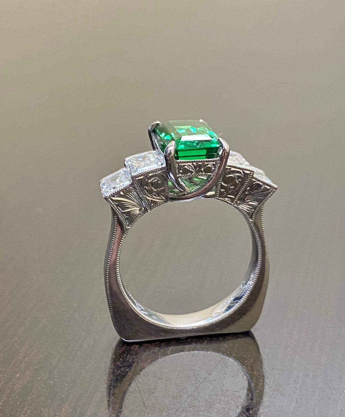Women's GIA Certified 3.28 Carat Elongated Radiant Cut Tsavorite Garnet Engagement Ring For Sale