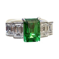 GIA Certified 3.28 Carat Elongated Radiant Cut Tsavorite Garnet Engagement Ring