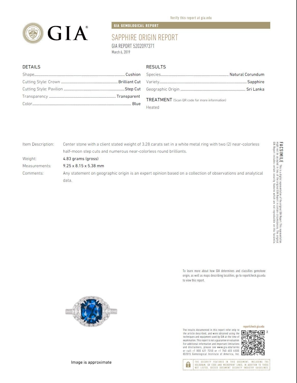 Women's GIA Certified 3.28 Ct Vivid Blue Cushion Cut Ceylon Sapphire Ring in 18k ref544 For Sale