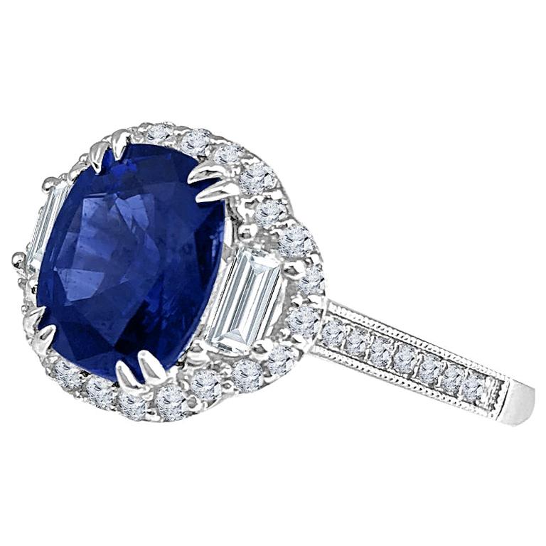 GIA Certified 3.28 Ct Vivid Blue Cushion Cut Ceylon Sapphire Ring in 18k ref544 For Sale