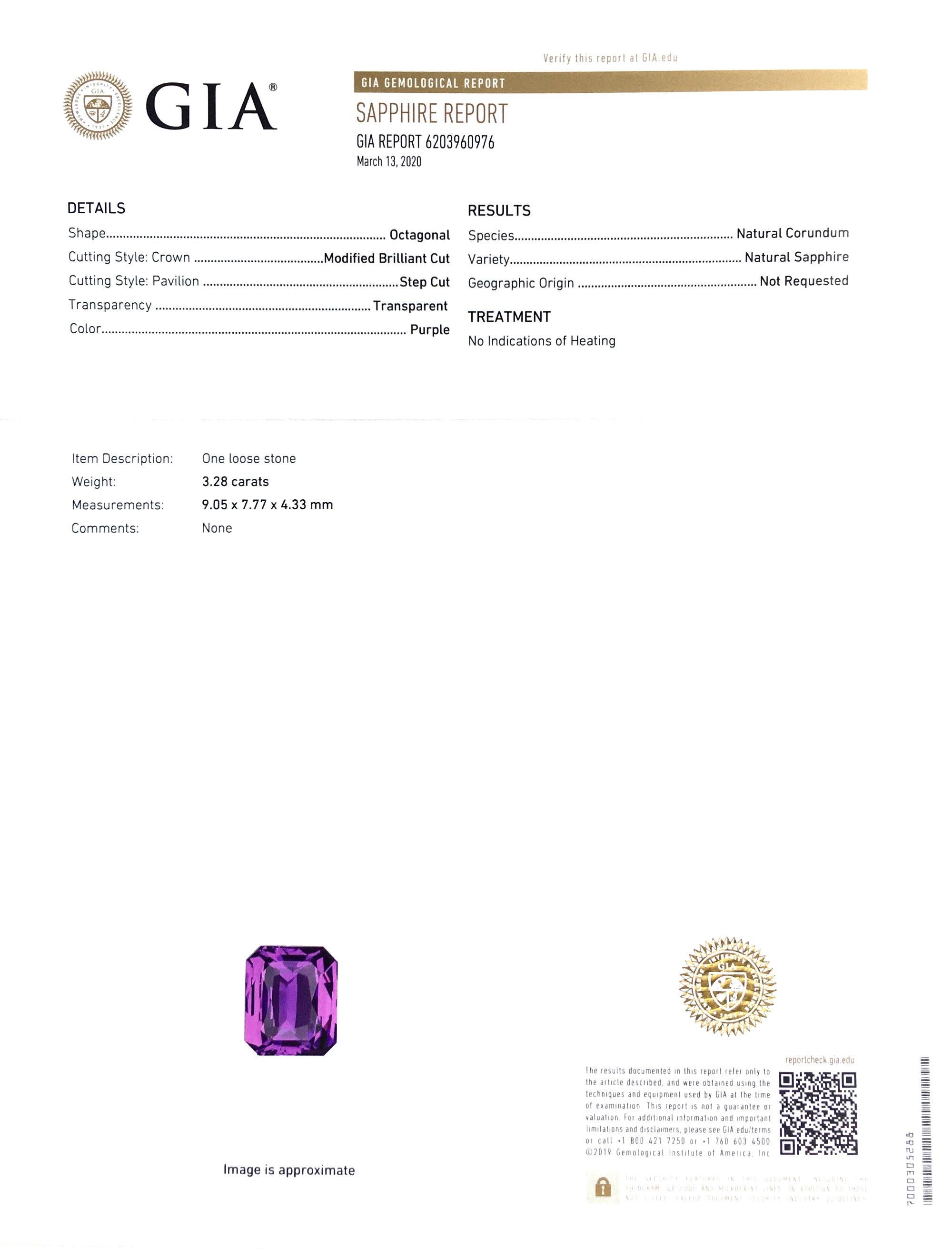 An unheated beauty, this 3.28 carat Purple Sapphire will sweep her off her feet. Its luxurious, velvety colors paired with an unmatched luminosity offer the gemstone an ethereal appearance. A durable choice, it will make a stunning engagement ring