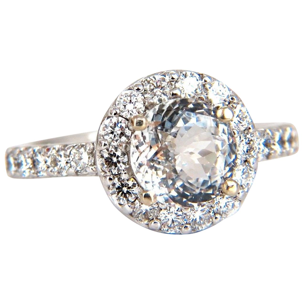 Bague halo prime en saphir blanc naturel de 3,28 carats et diamants de 14 carats certifiés par le GIA