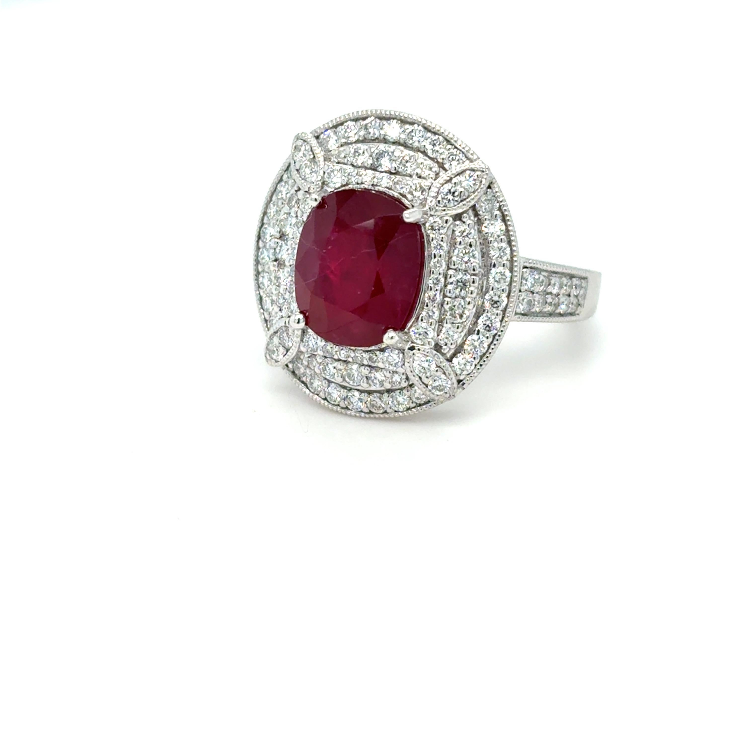 GIA Certified 3.29 Carat Oval Cut Ruby Diamond Platinum Halo Ring For Sale 5