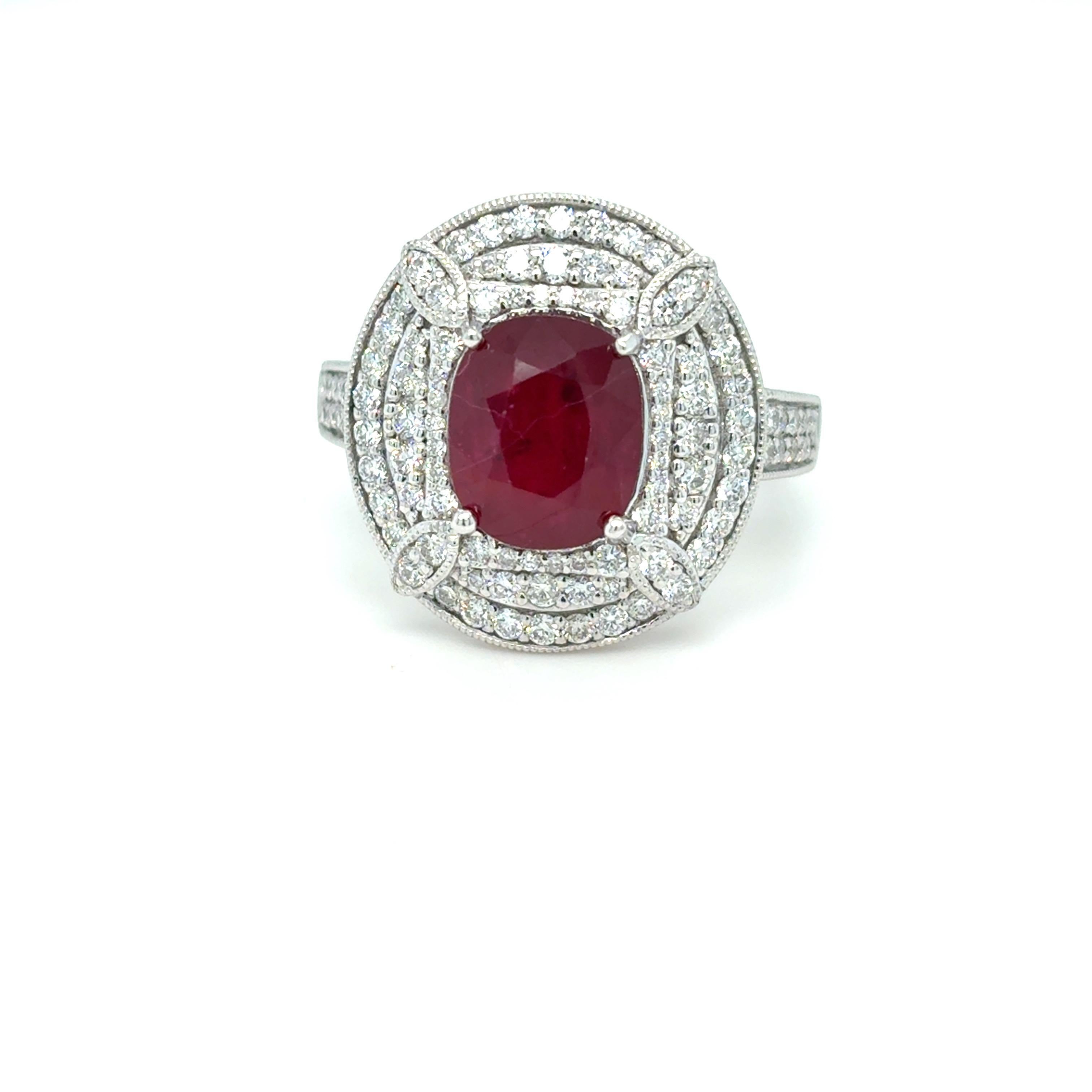 GIA Certified 3.29 Carat Oval Cut Ruby Diamond Platinum Halo Ring For Sale 6