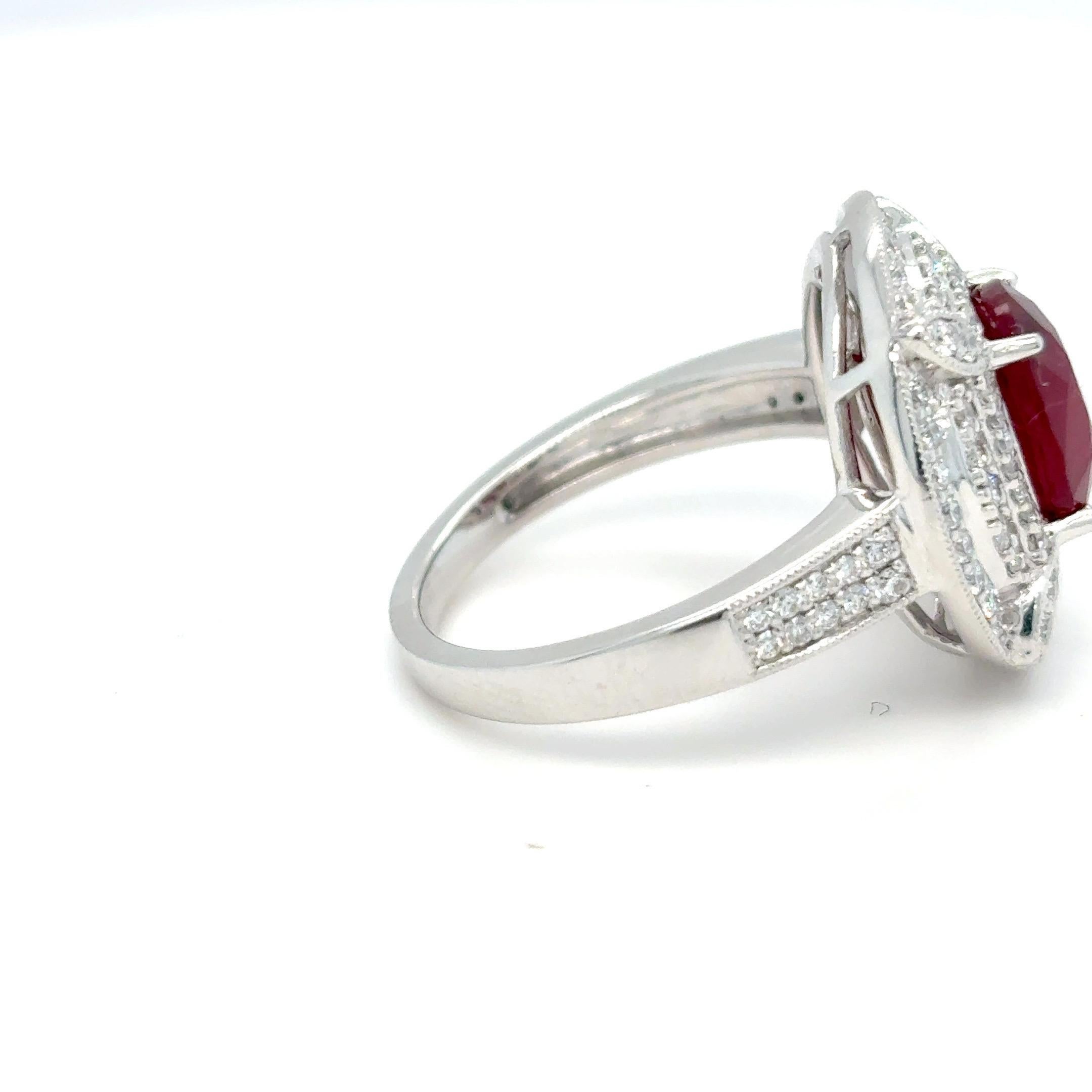 GIA Certified 3.29 Carat Oval Cut Ruby Diamond Platinum Halo Ring For Sale 7