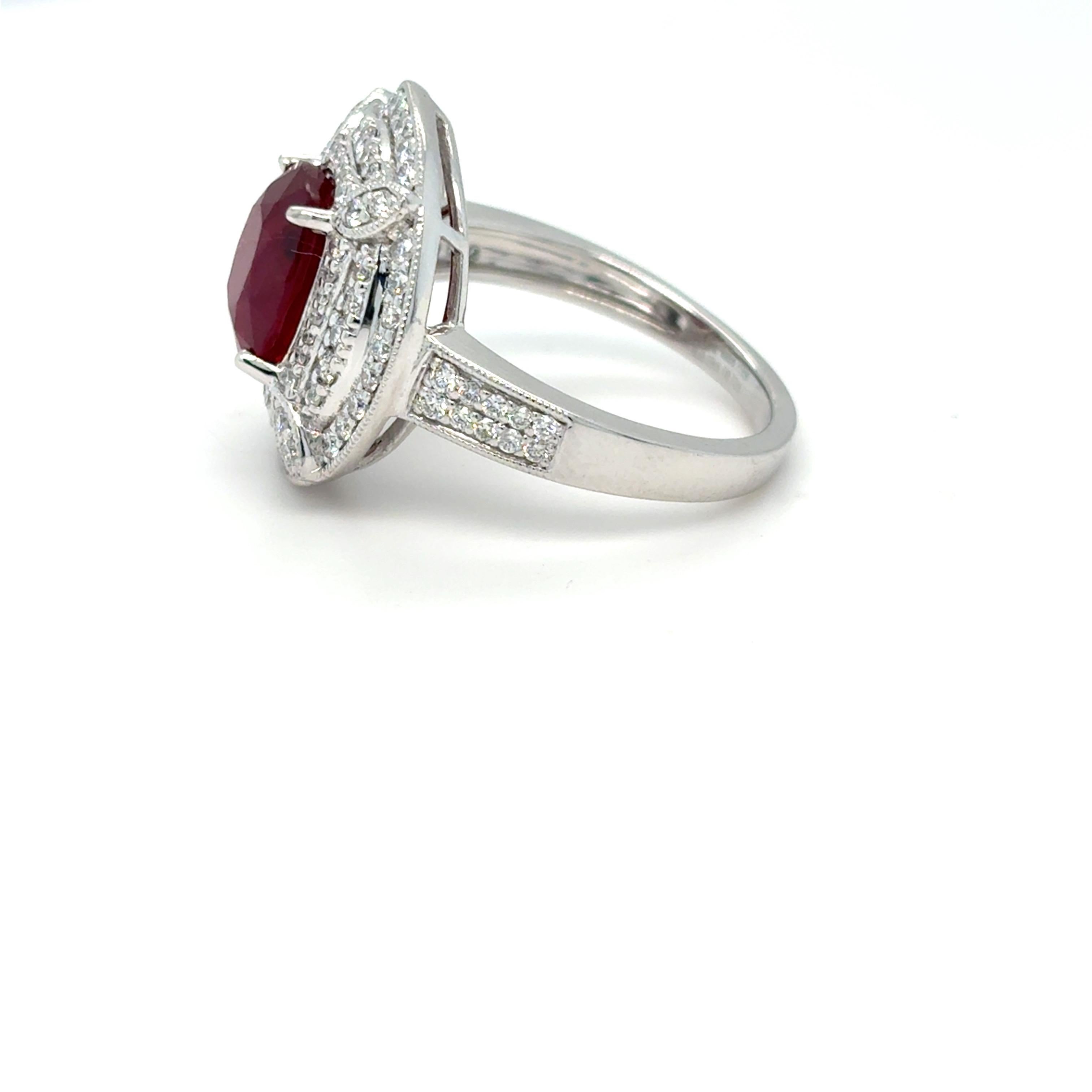 GIA Certified 3.29 Carat Oval Cut Ruby Diamond Platinum Halo Ring For Sale 8