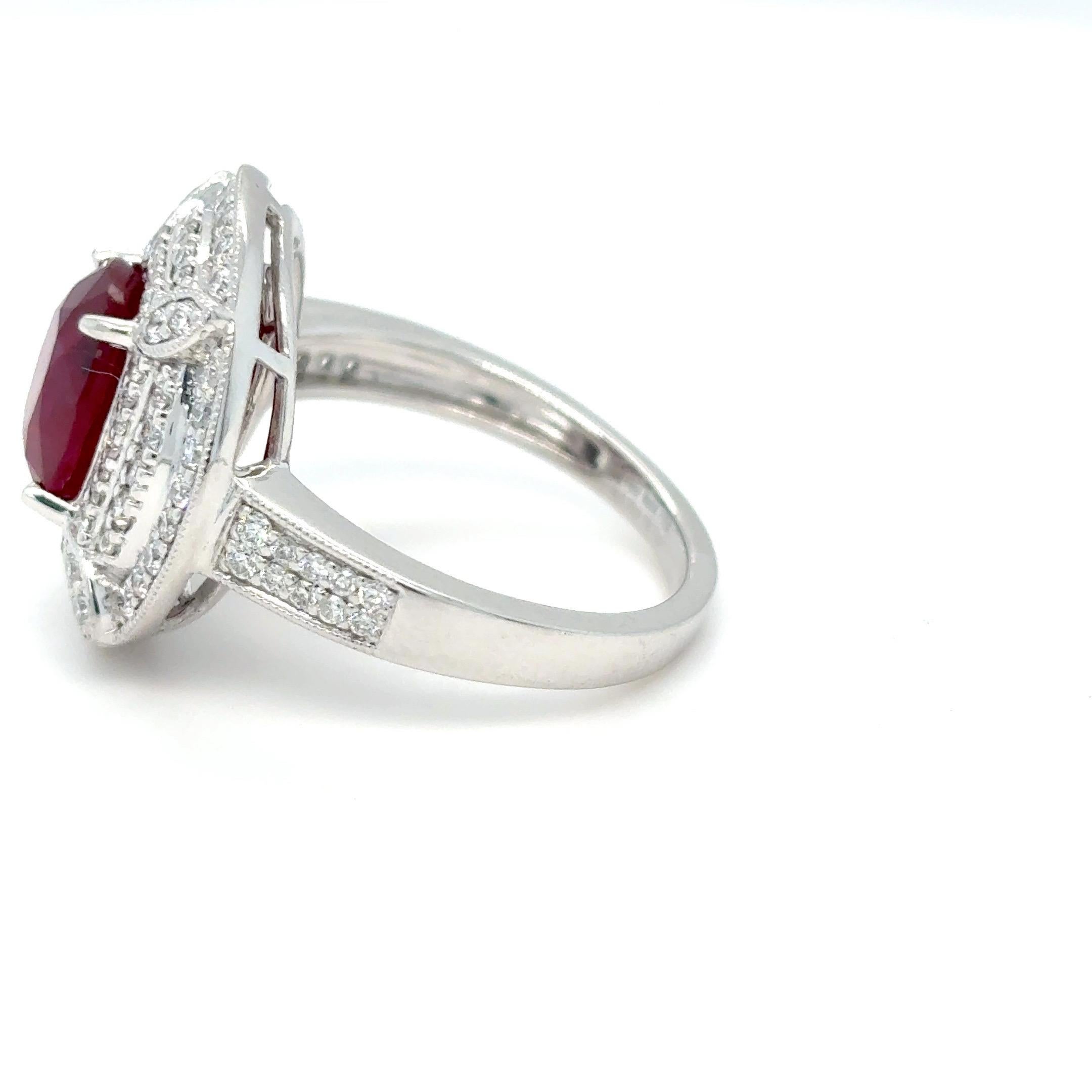 GIA Certified 3.29 Carat Oval Cut Ruby Diamond Platinum Halo Ring For Sale 9