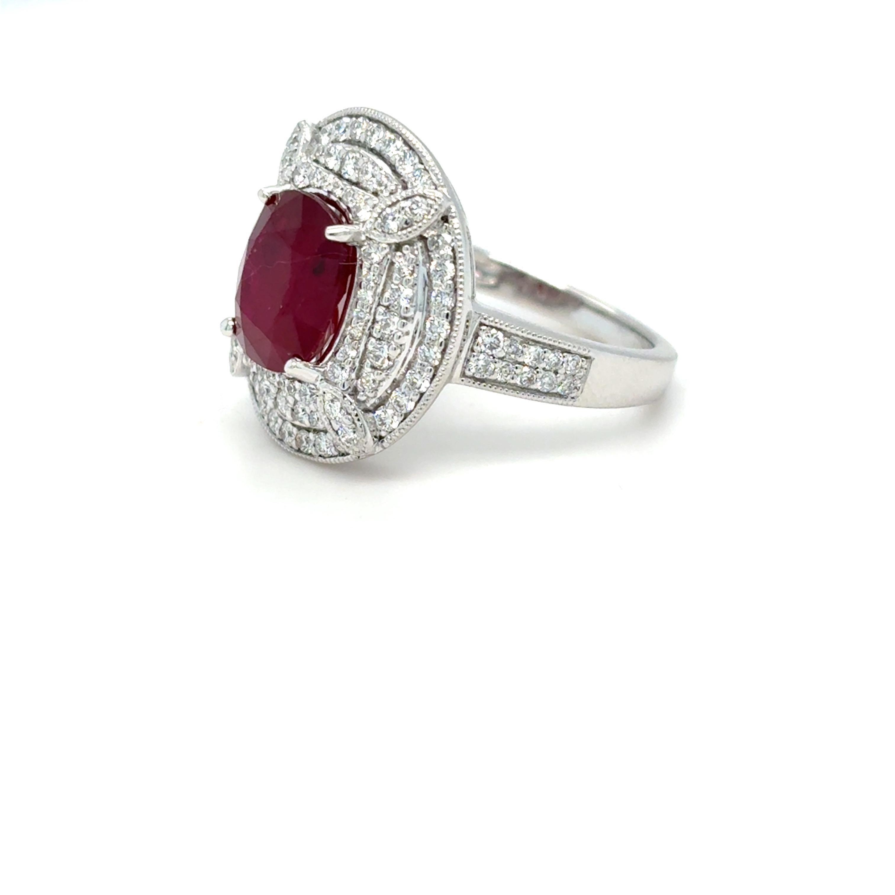 GIA Certified 3.29 Carat Oval Cut Ruby Diamond Platinum Halo Ring For Sale 12