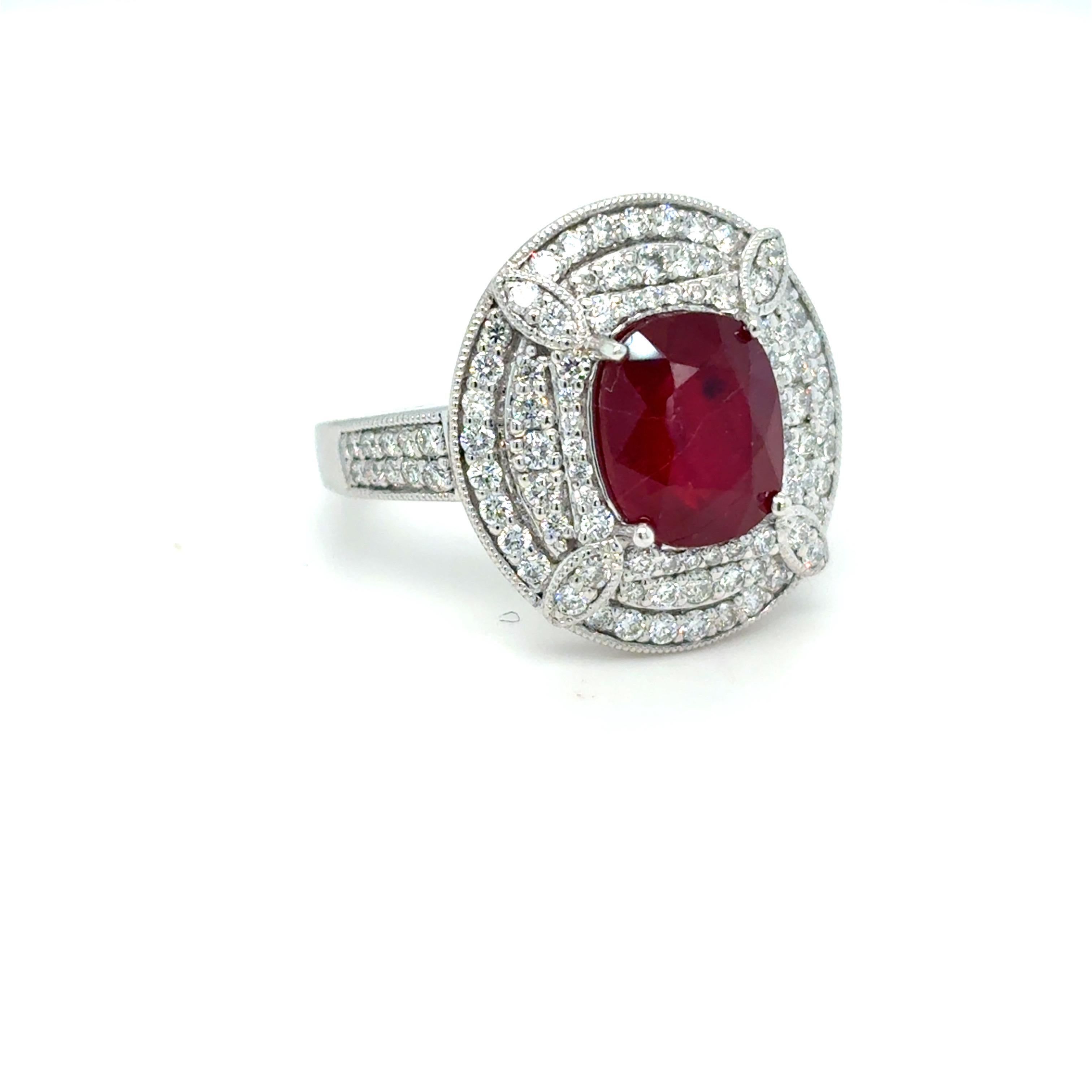 Artisan GIA Certified 3.29 Carat Oval Cut Ruby Diamond Platinum Halo Ring For Sale