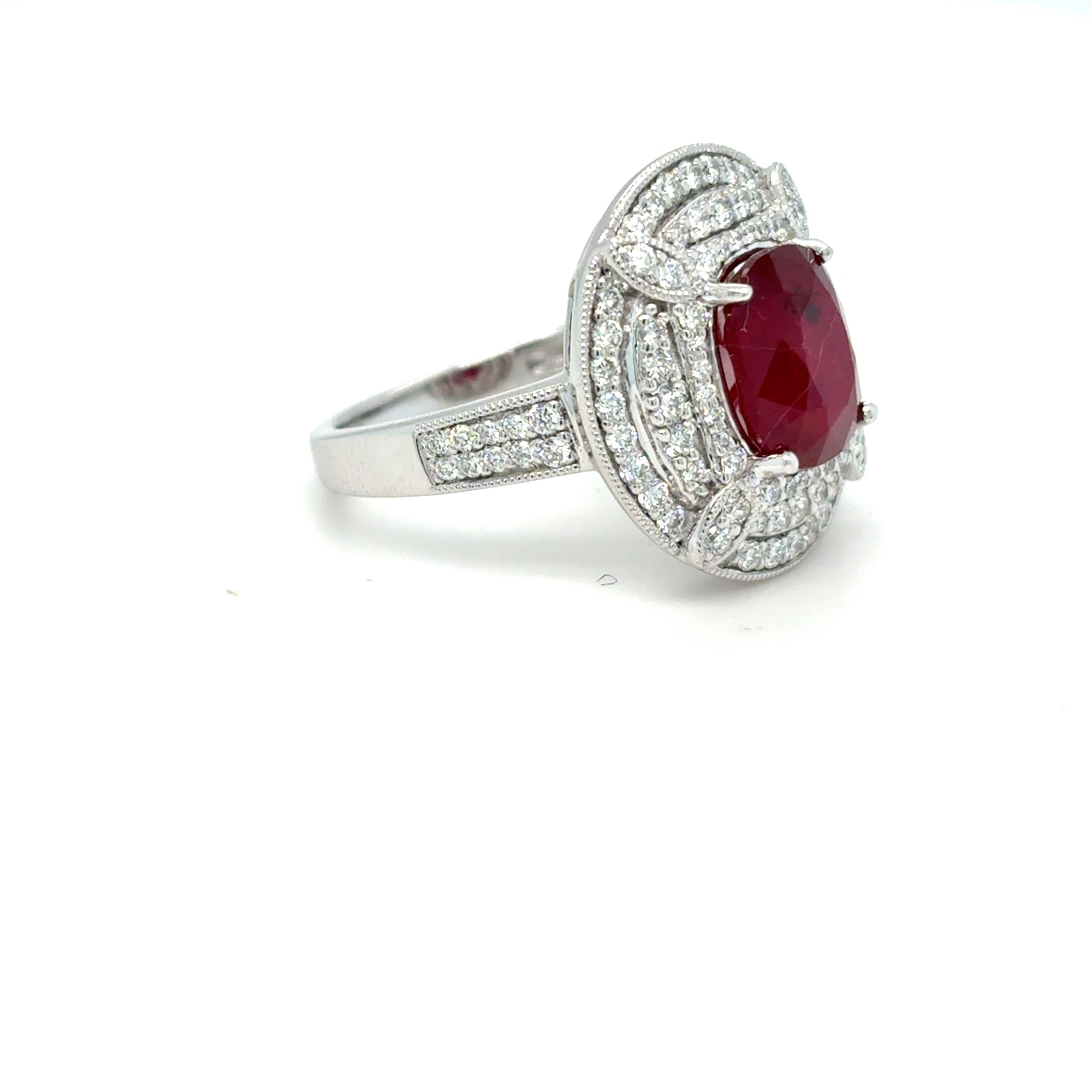 Women's GIA Certified 3.29 Carat Oval Cut Ruby Diamond Platinum Halo Ring For Sale