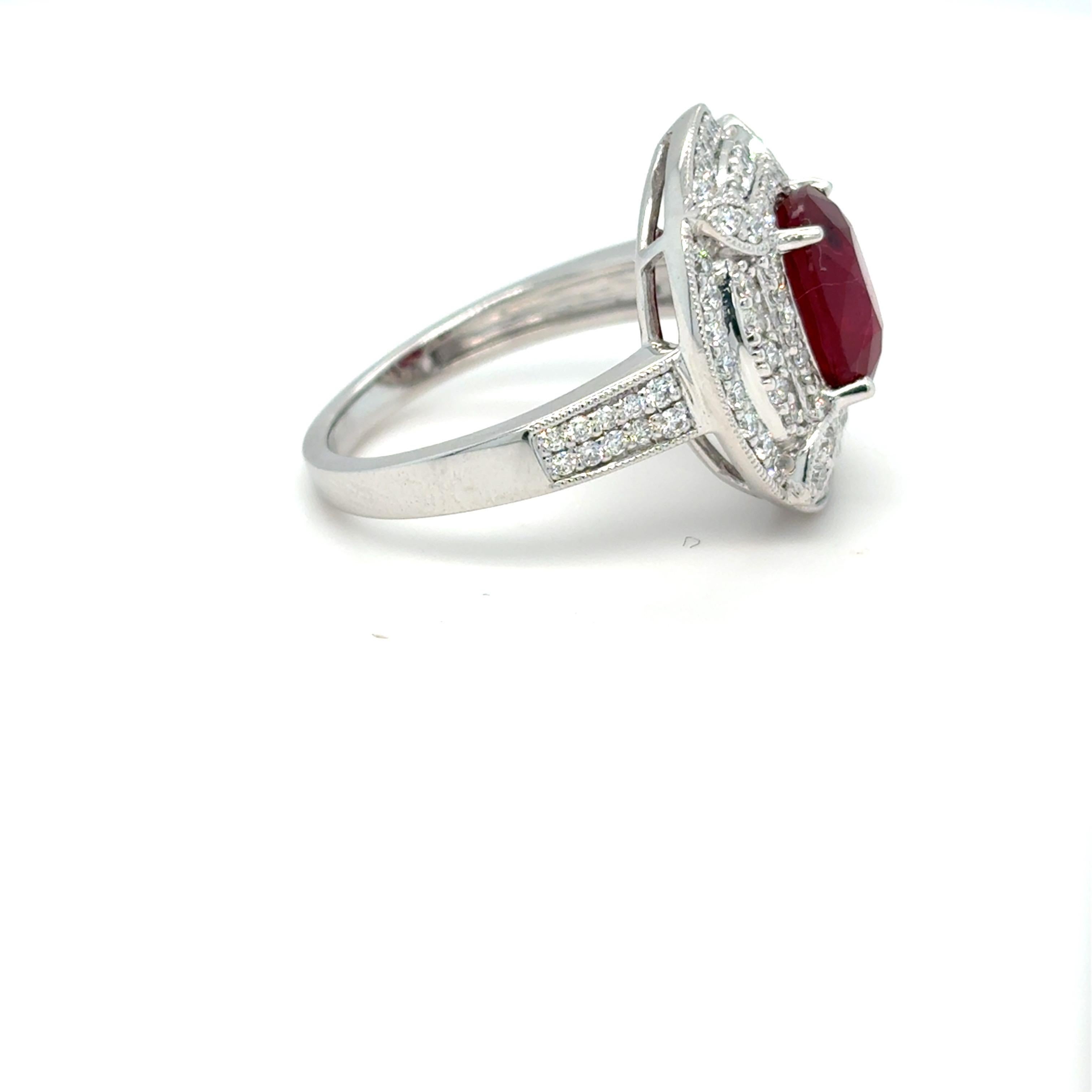 GIA Certified 3.29 Carat Oval Cut Ruby Diamond Platinum Halo Ring For Sale 1
