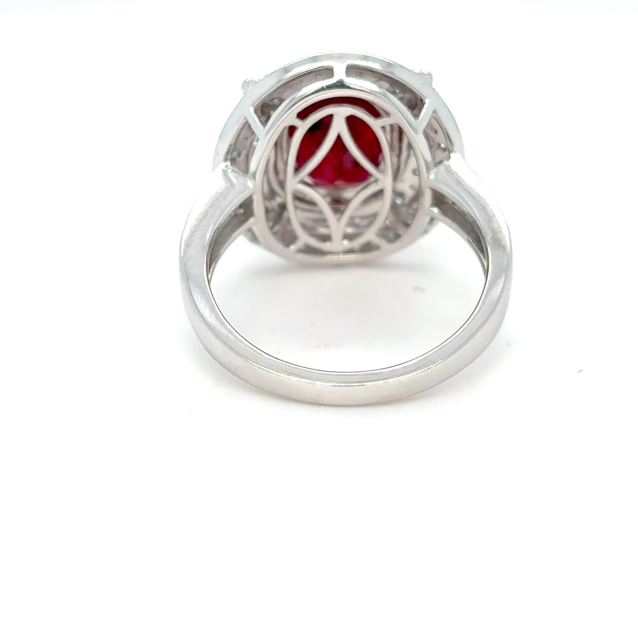 GIA Certified 3.29 Carat Oval Cut Ruby Diamond Platinum Halo Ring For Sale 2