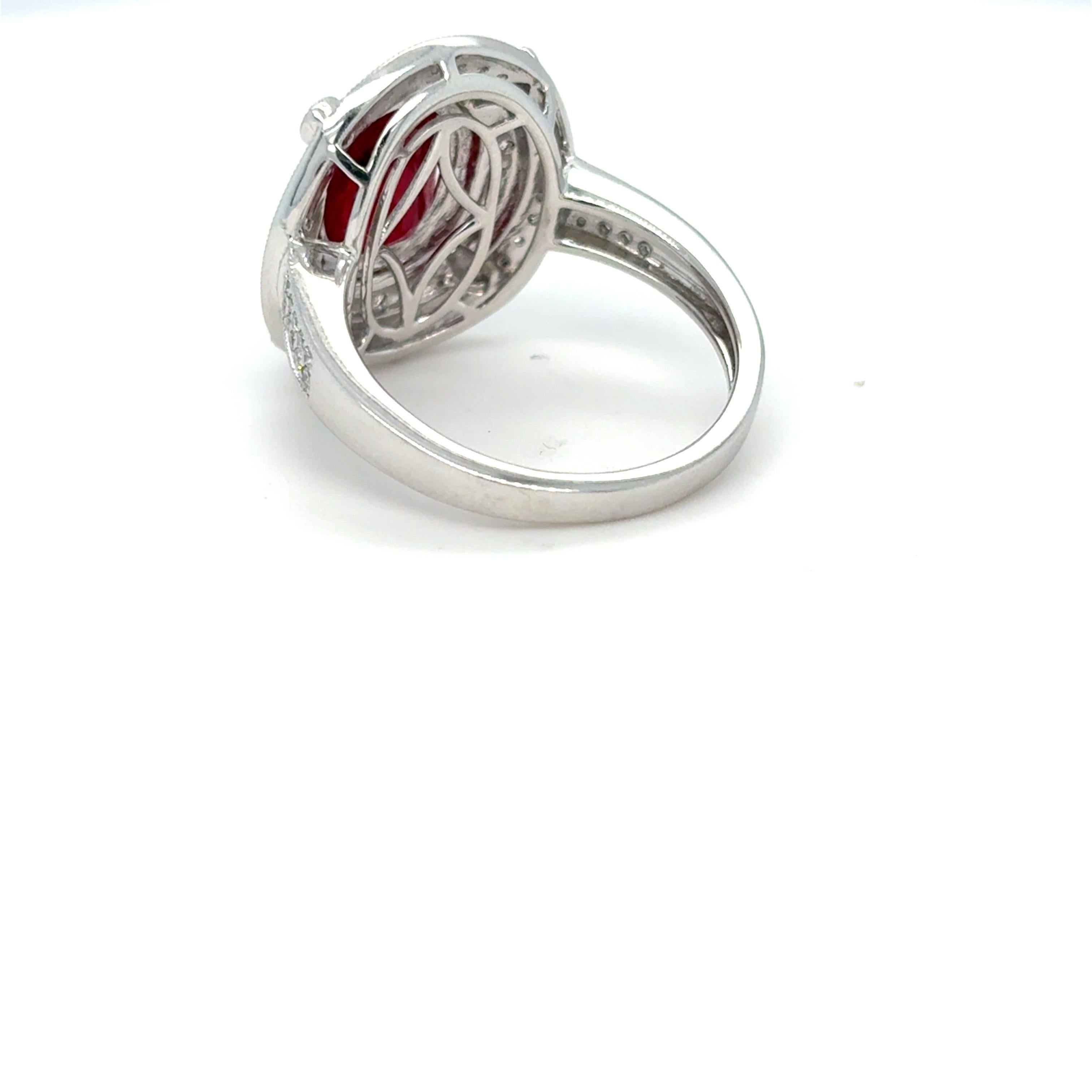 GIA Certified 3.29 Carat Oval Cut Ruby Diamond Platinum Halo Ring For Sale 3