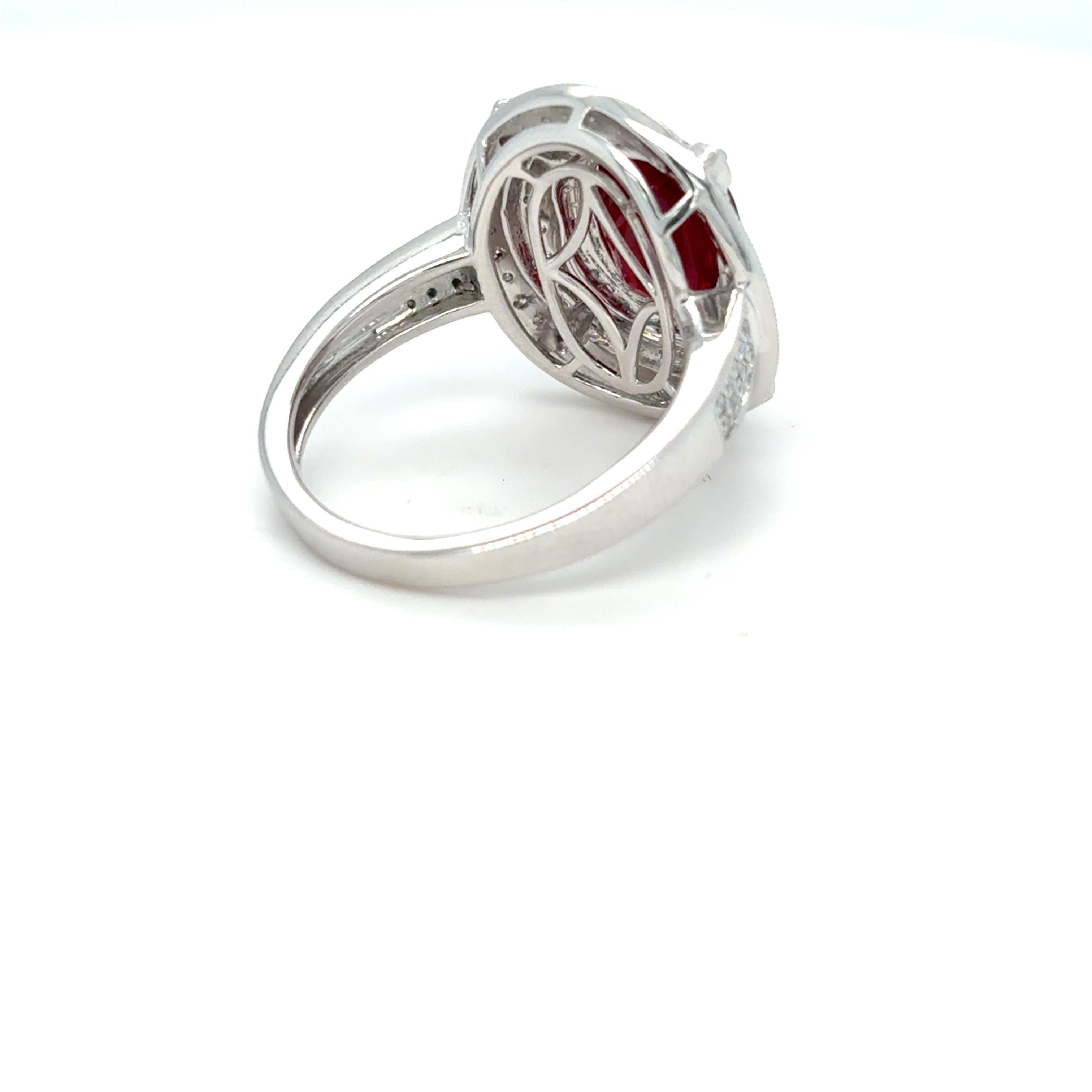 GIA Certified 3.29 Carat Oval Cut Ruby Diamond Platinum Halo Ring For Sale 4