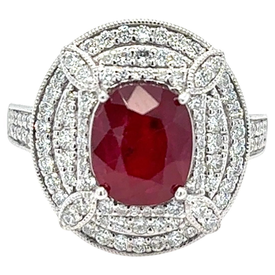 GIA Certified 3.29 Carat Oval Cut Ruby Diamond Platinum Halo Ring