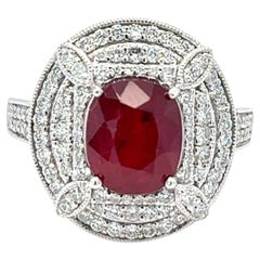 GIA Certified 3.29 Carat Oval Cut Ruby Diamond Platinum Halo Ring