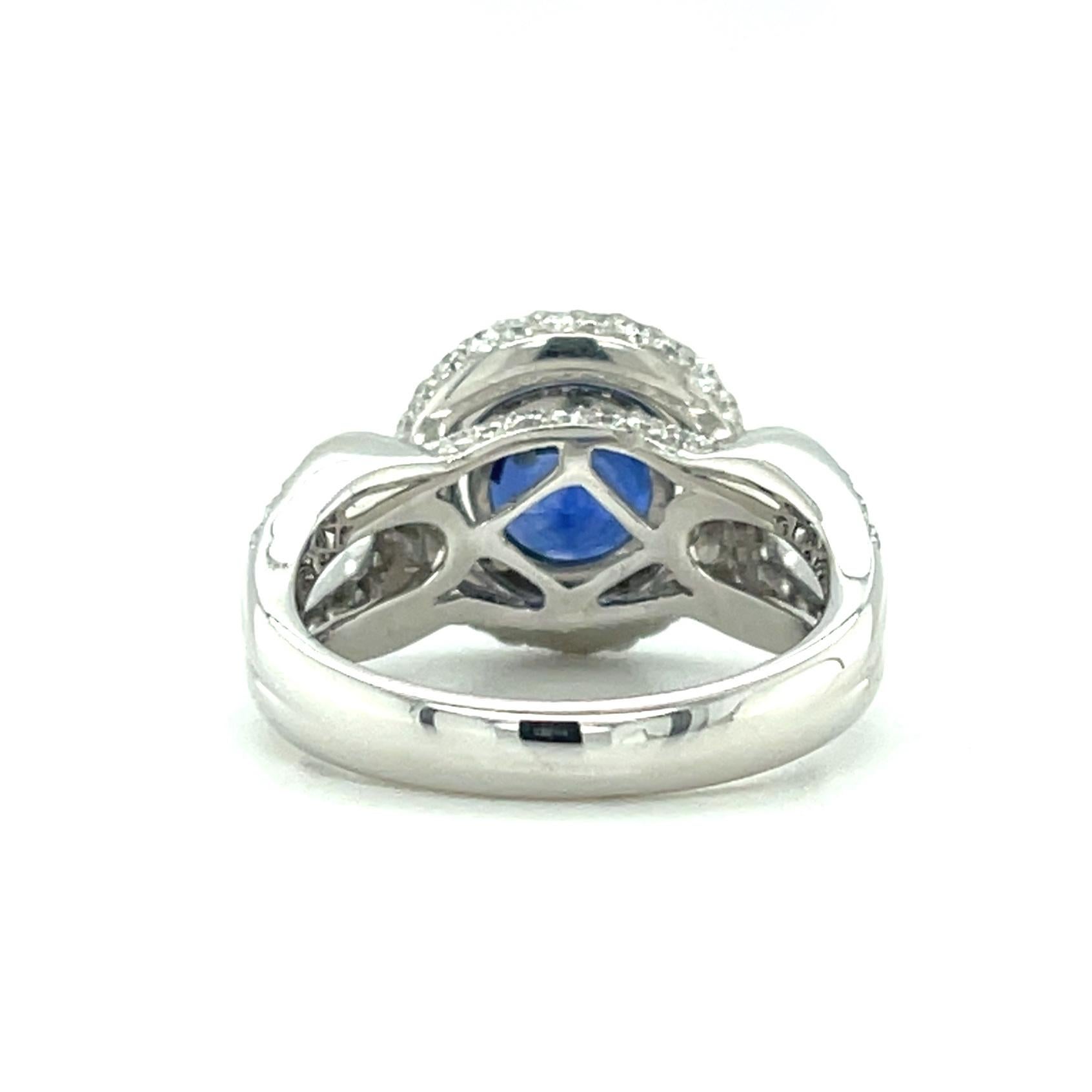 Artisan GIA Certified 3.29 Carat Round Blue Sapphire and Diamond Halo Ring in White Gold For Sale