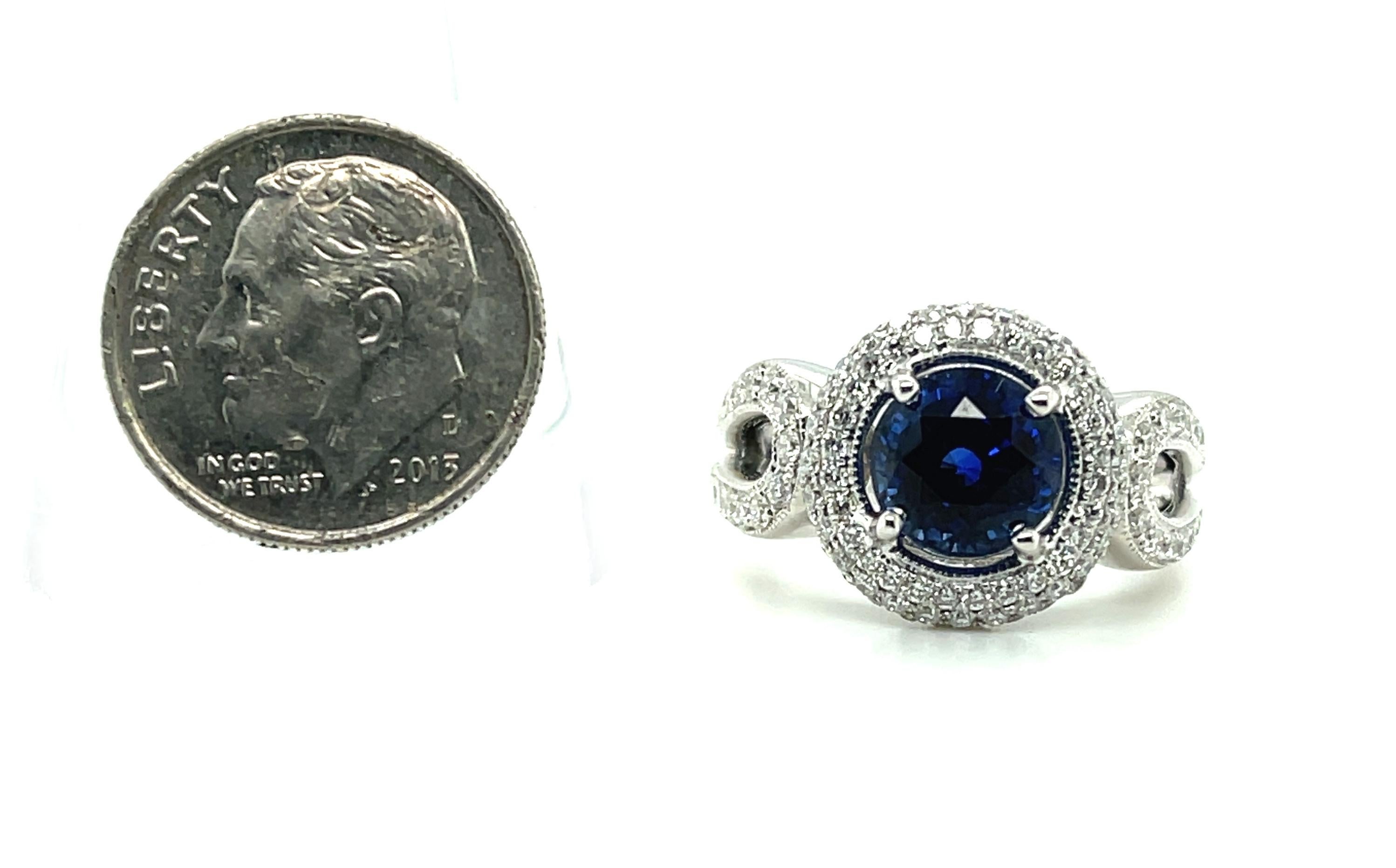 GIA Certified 3.29 Carat Round Blue Sapphire and Diamond Halo Ring in White Gold In New Condition For Sale In Los Angeles, CA