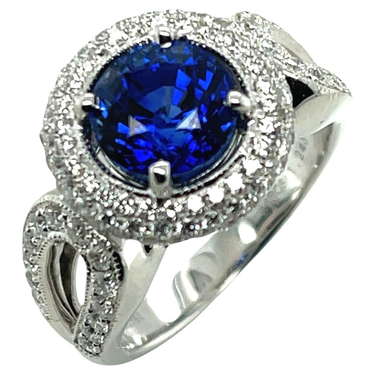 GIA Certified 3.29 Carat Round Blue Sapphire and Diamond Halo Ring in White Gold For Sale