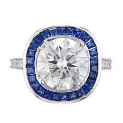 GIA Certified 3.29 Carat Round Diamond Sapphire Halo Platinum Engagement Ring