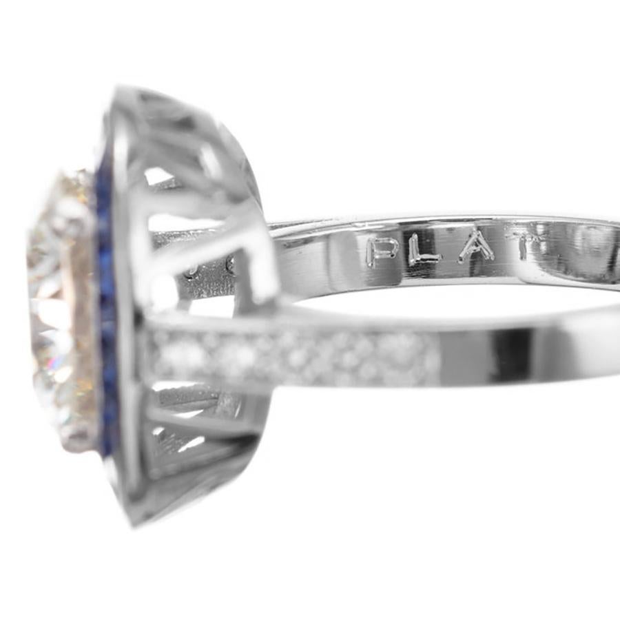 Women's GIA Certified 3.29 Carat Round Diamond Sapphire Halo Platinum Engagement Ring For Sale