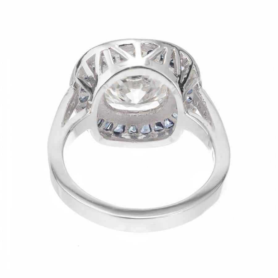 GIA Certified 3.29 Carat Round Diamond Sapphire Halo Platinum Engagement Ring For Sale 1