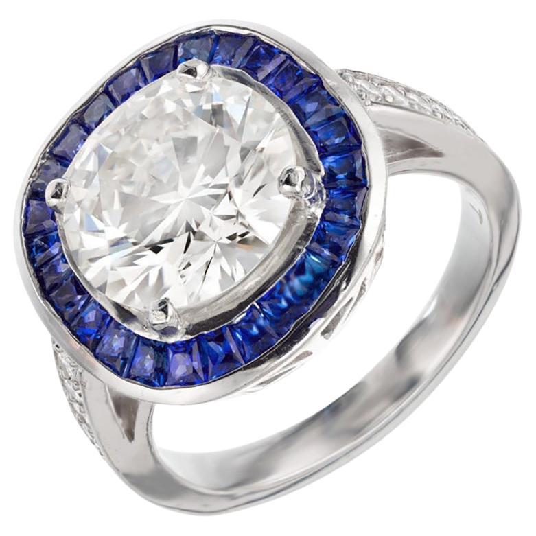 Platin-Verlobungsring, GIA-zertifizierter 3,29 Karat runder Diamant, Saphir, Halo