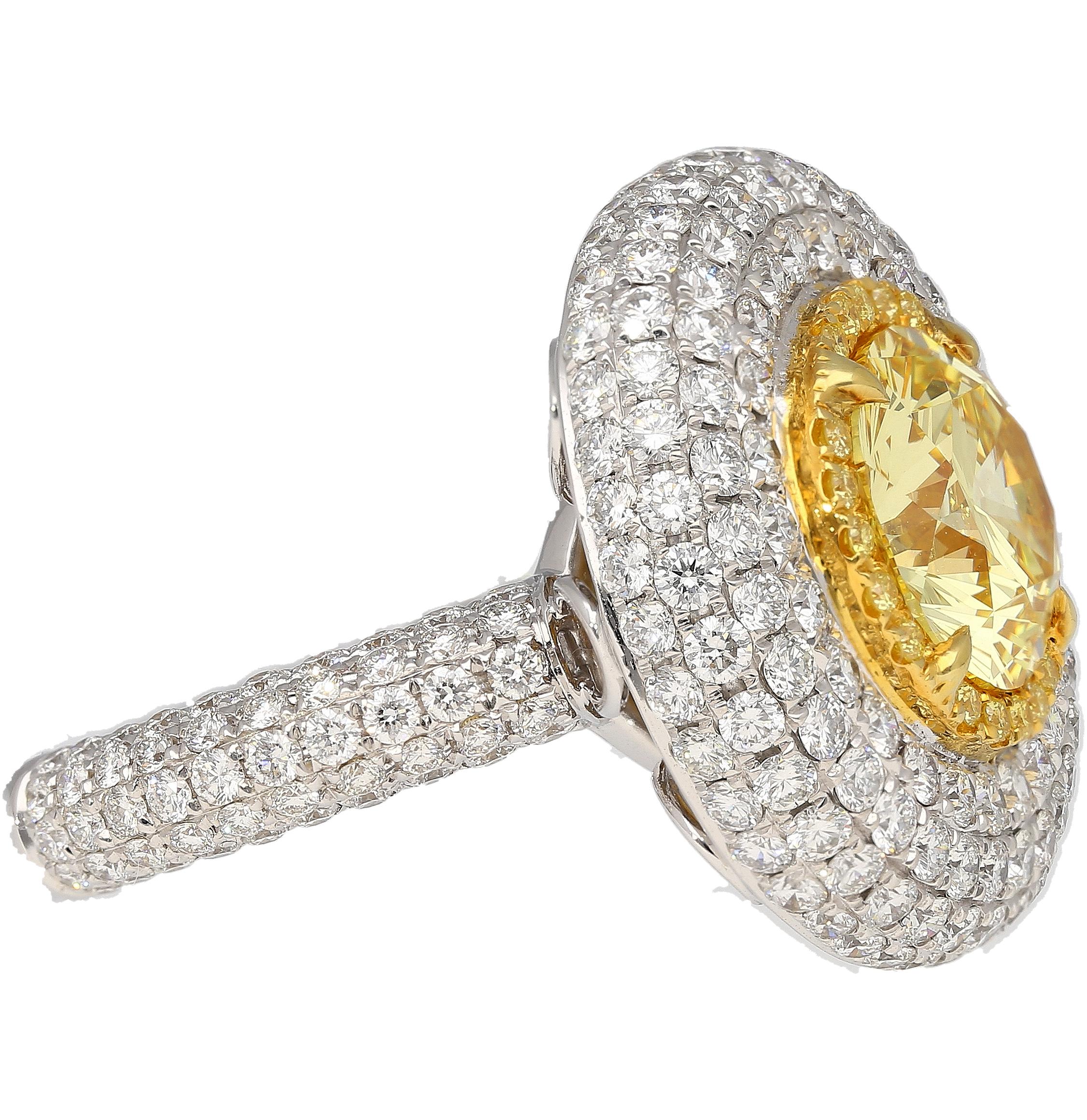 Art Nouveau GIA Certified 3.3 Carat Fancy Intense Yellow Flawless Round Diamond Ring For Sale